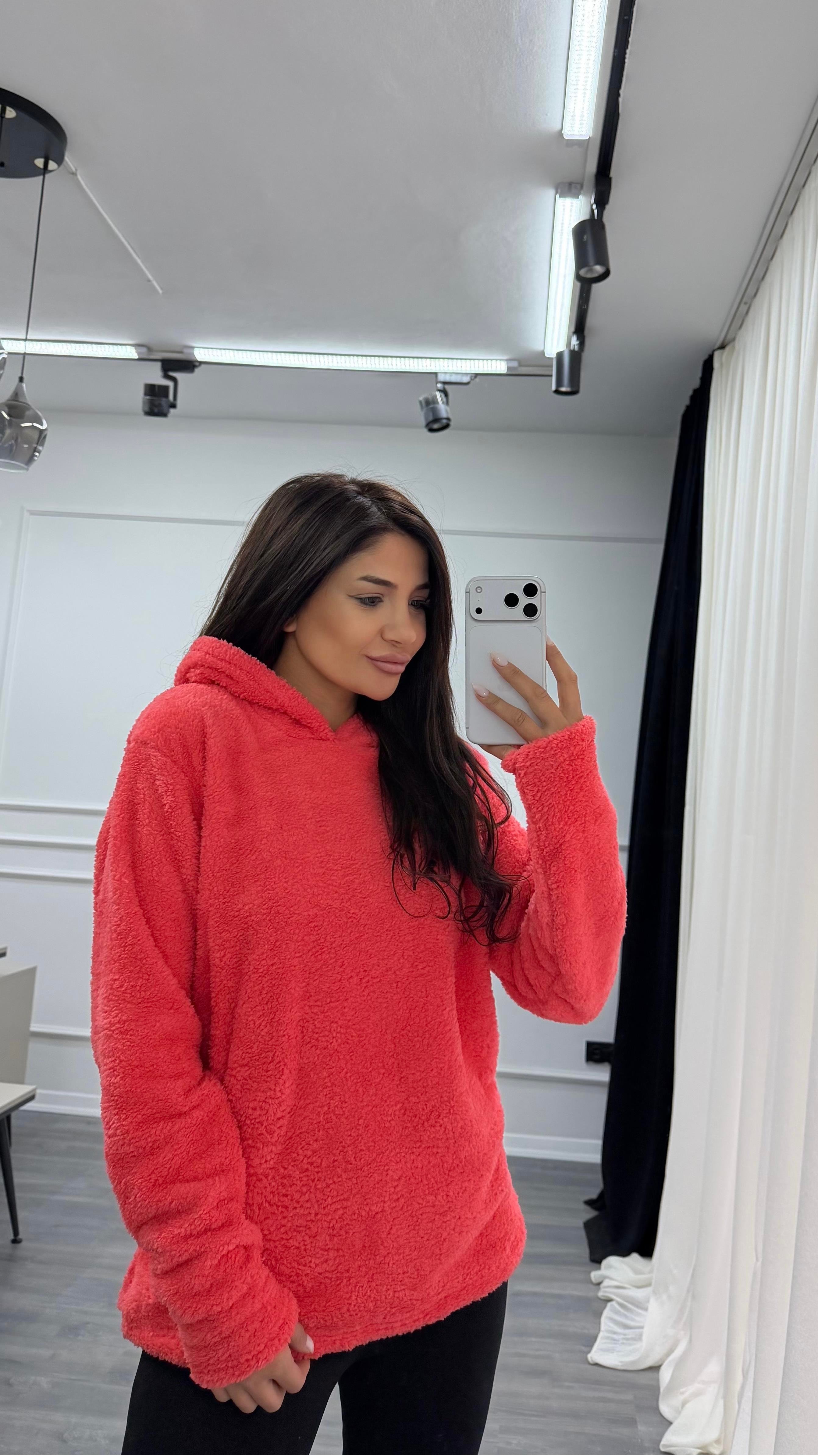 Pembe Kapüşonlu Yumoş Oversize Peluş Sweatshirt