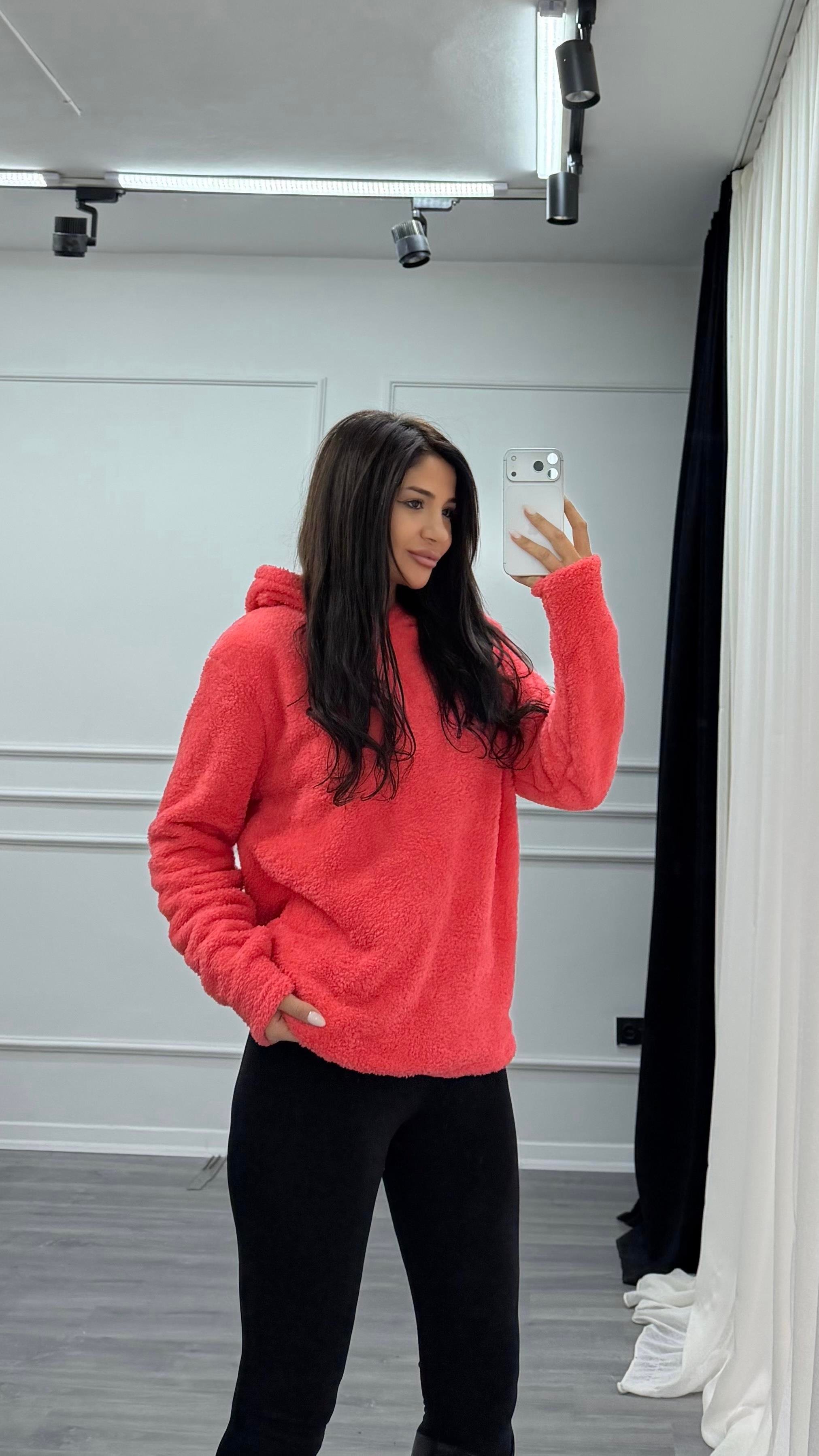 Pembe Kapüşonlu Yumoş Oversize Peluş Sweatshirt