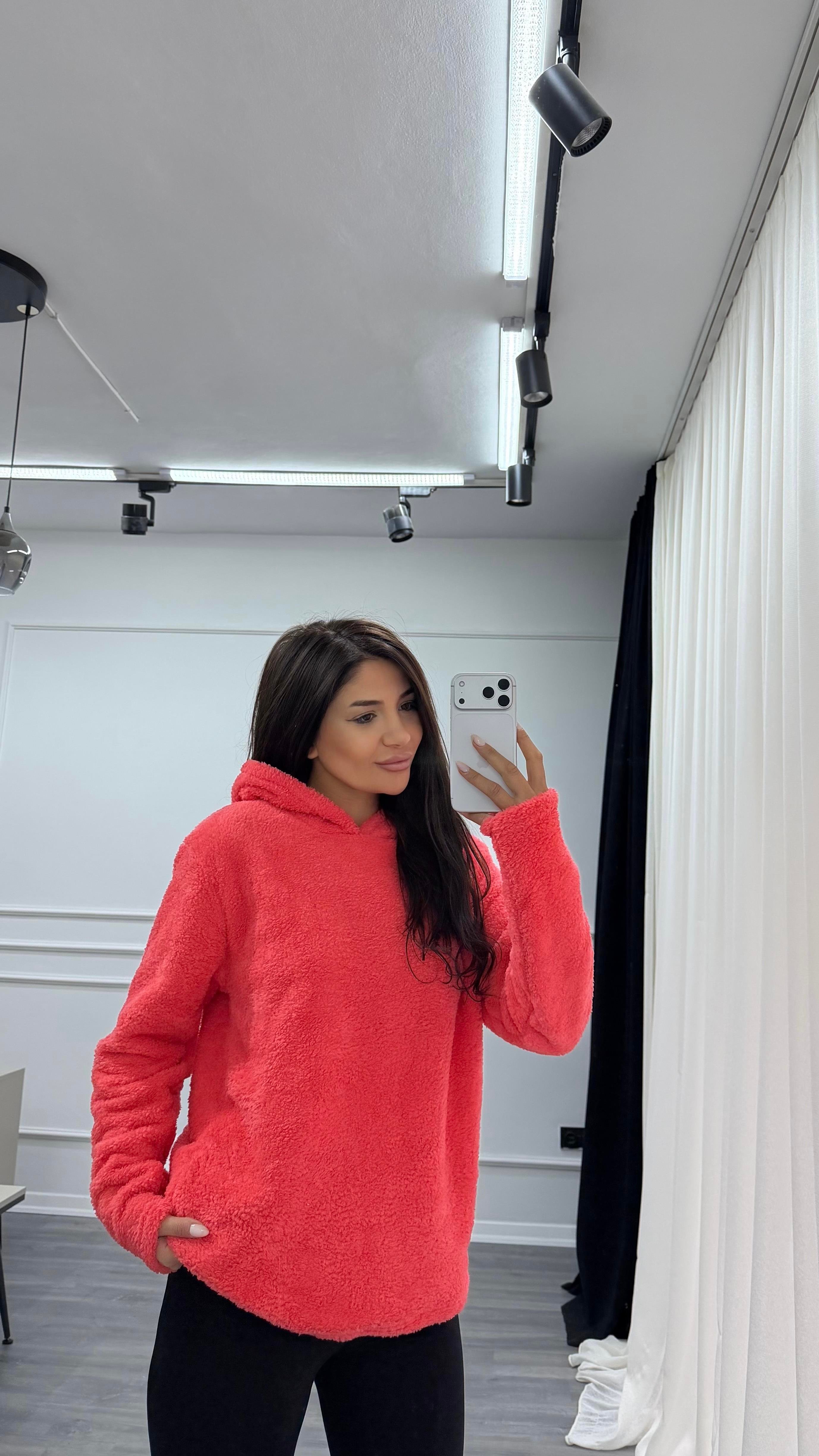 Pembe Kapüşonlu Yumoş Oversize Peluş Sweatshirt