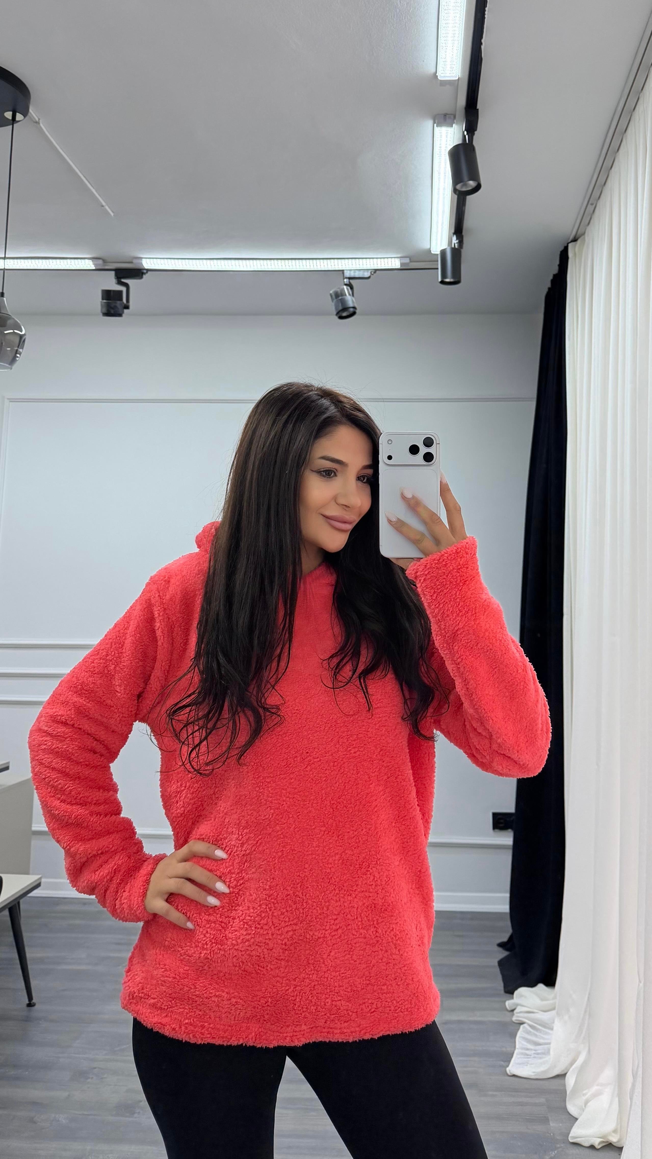 Pembe Kapüşonlu Yumoş Oversize Peluş Sweatshirt