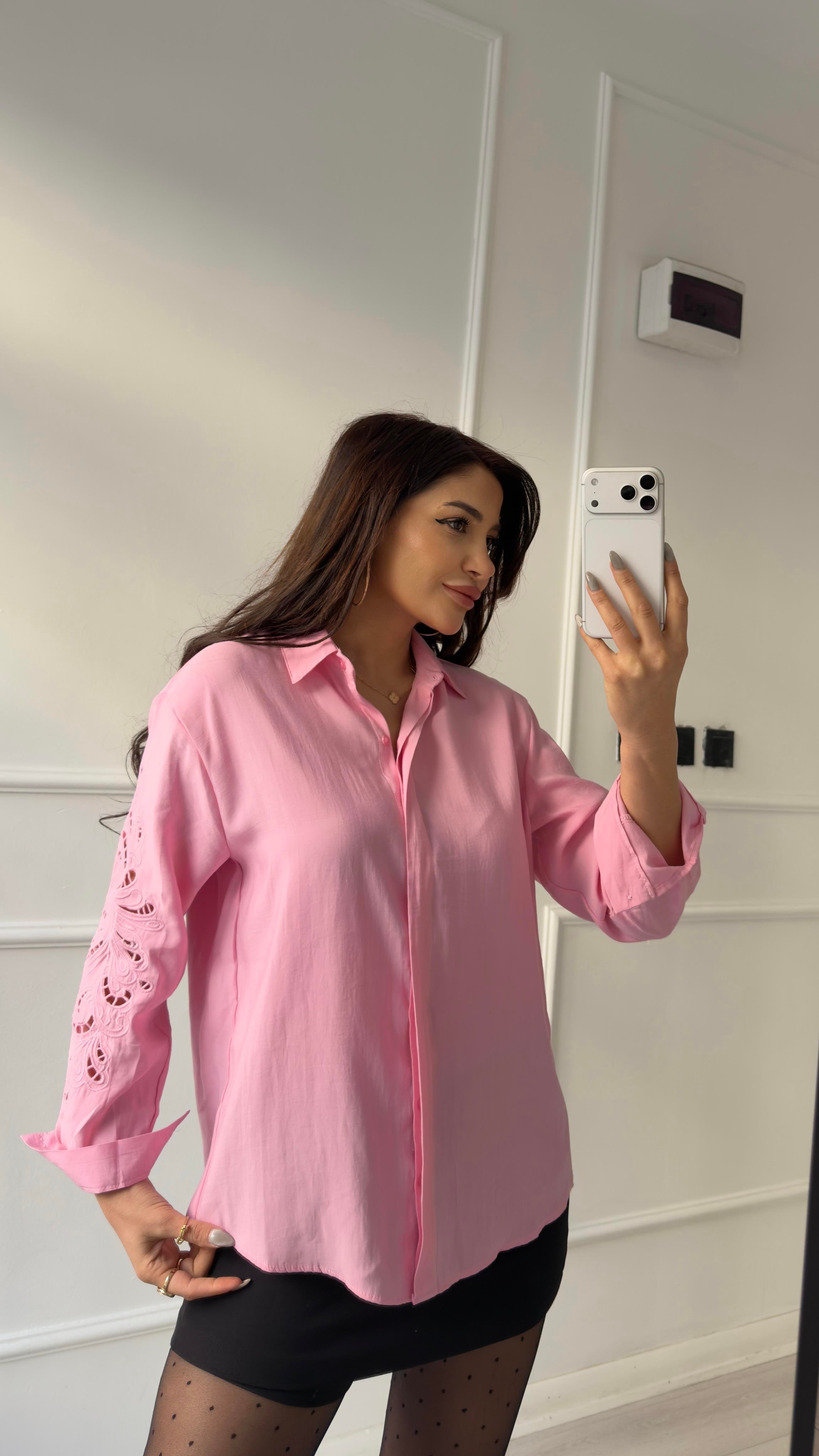 Pembe Lüx Kalite Nakış Detaylı Gömlek