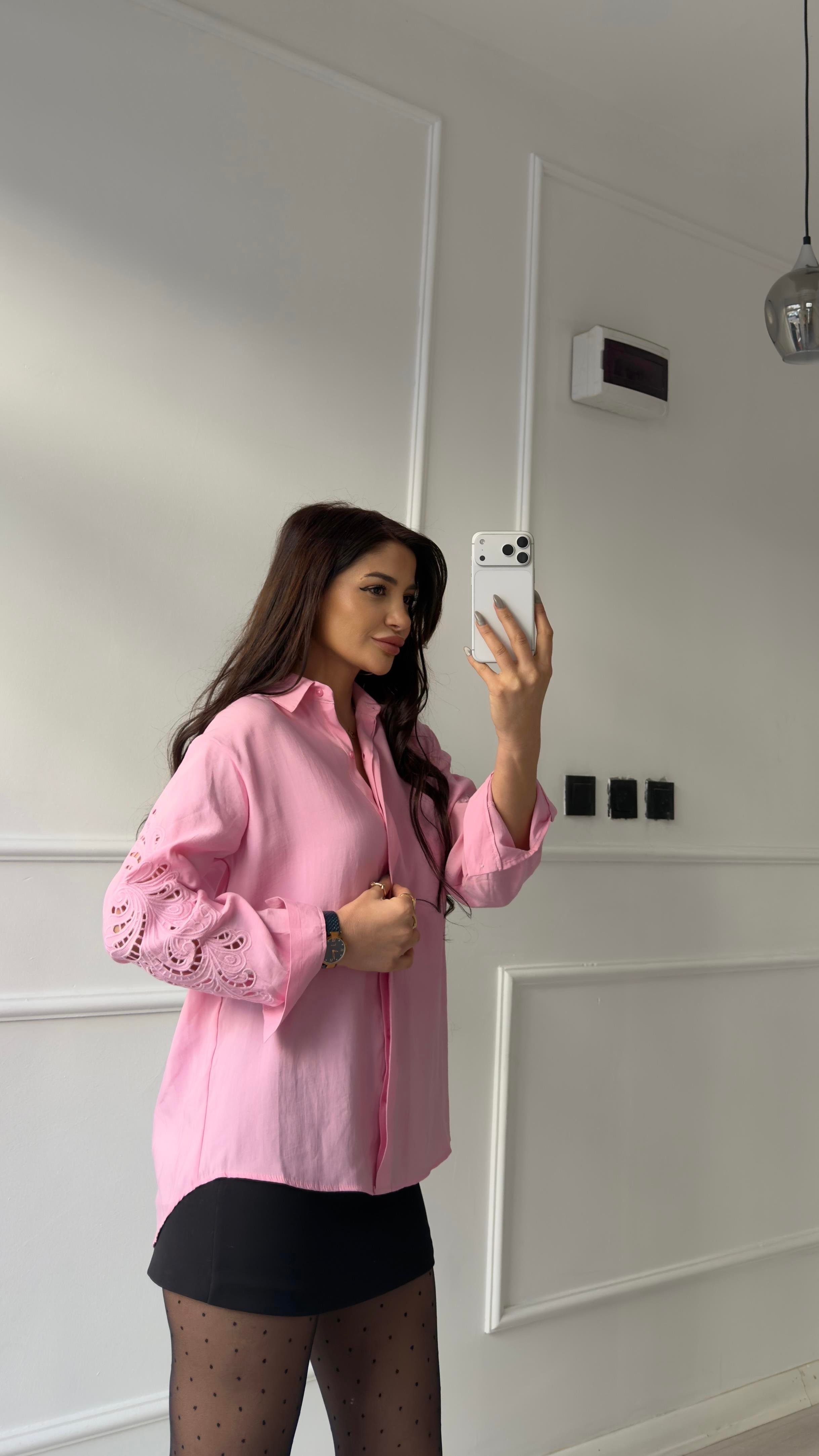 Pembe Lüx Kalite Nakış Detaylı Gömlek
