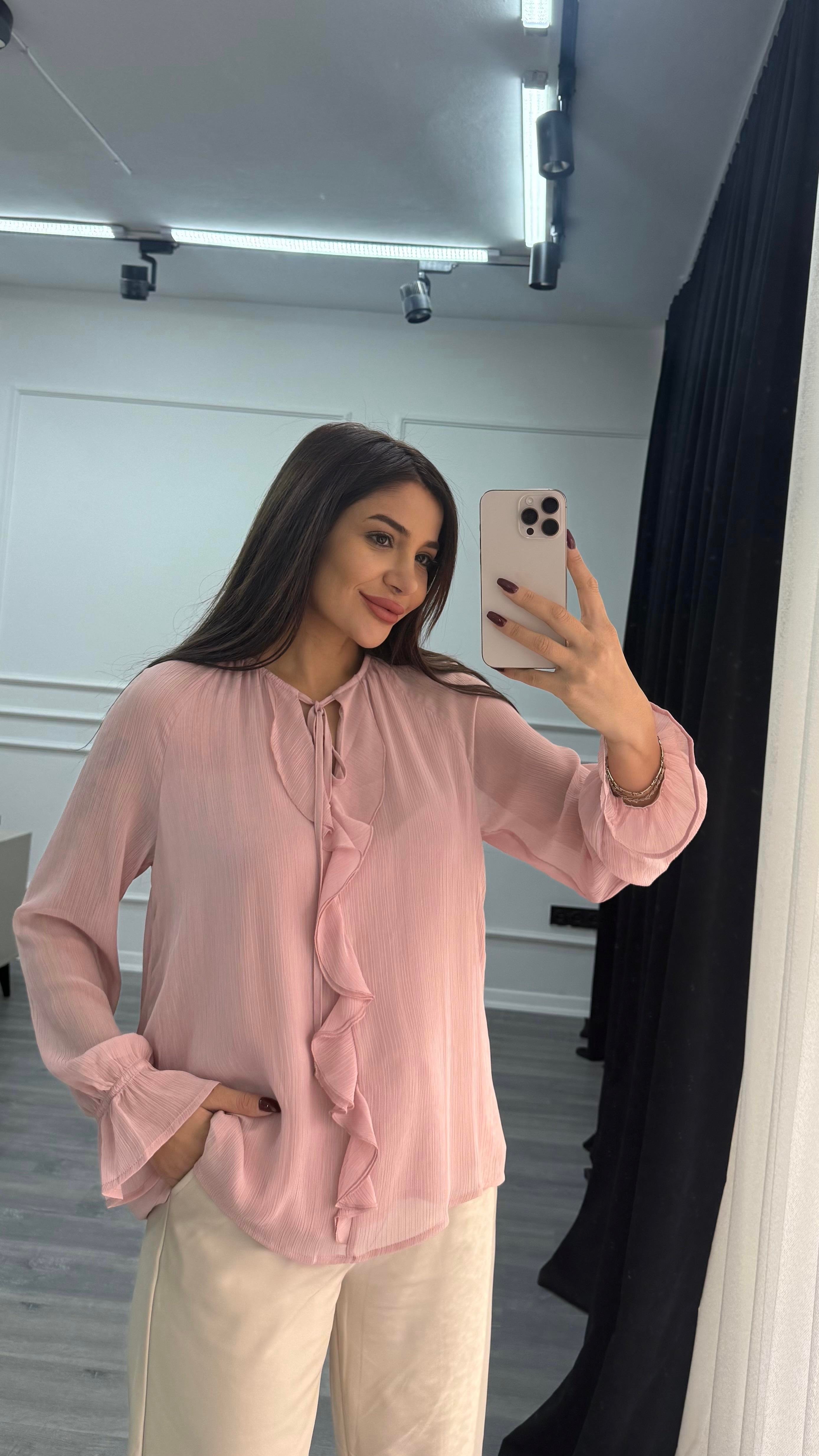 Pembe Modal Volanlı Uzun Kollu Gömlek