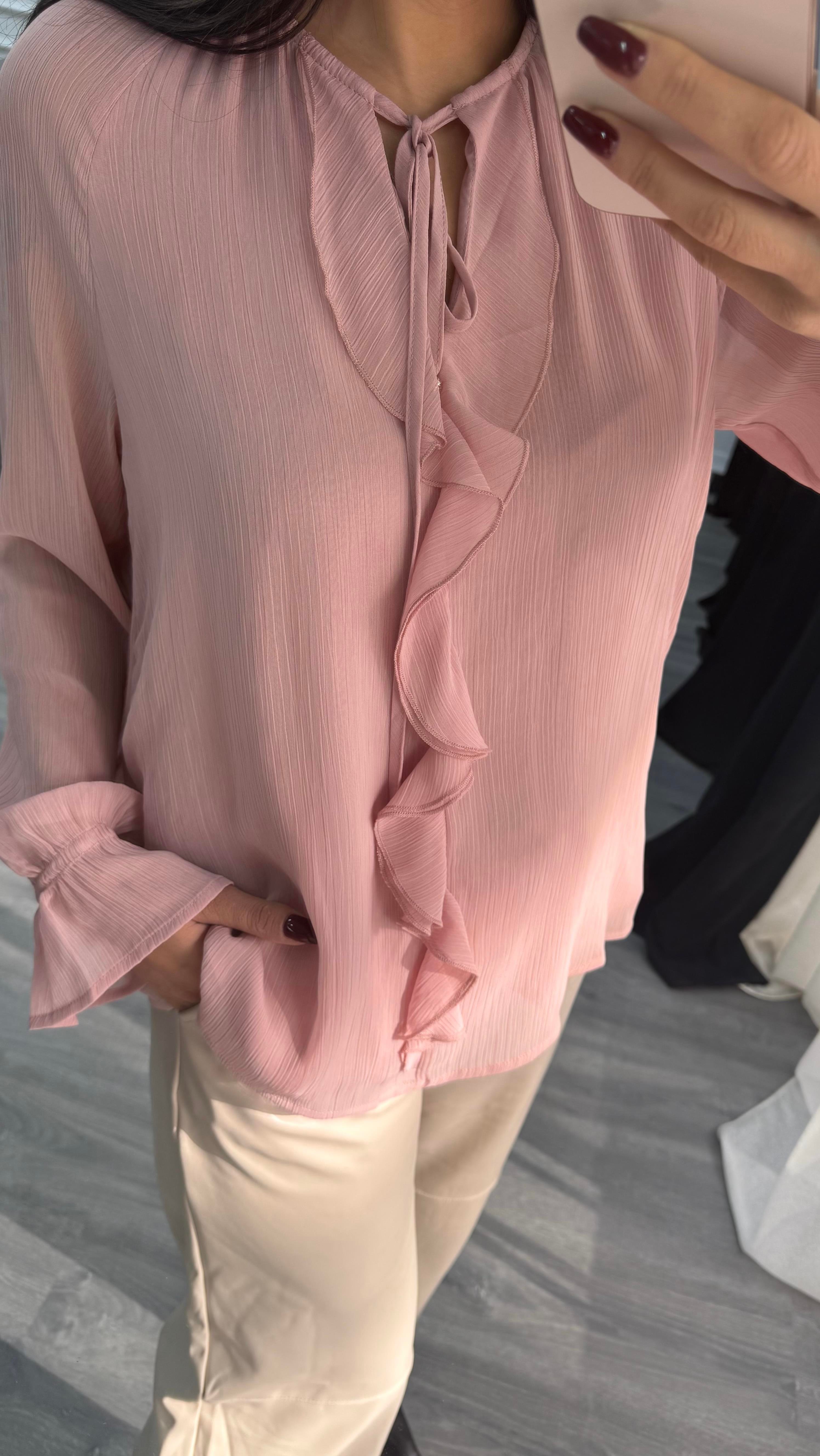 Pembe Modal Volanlı Uzun Kollu Gömlek