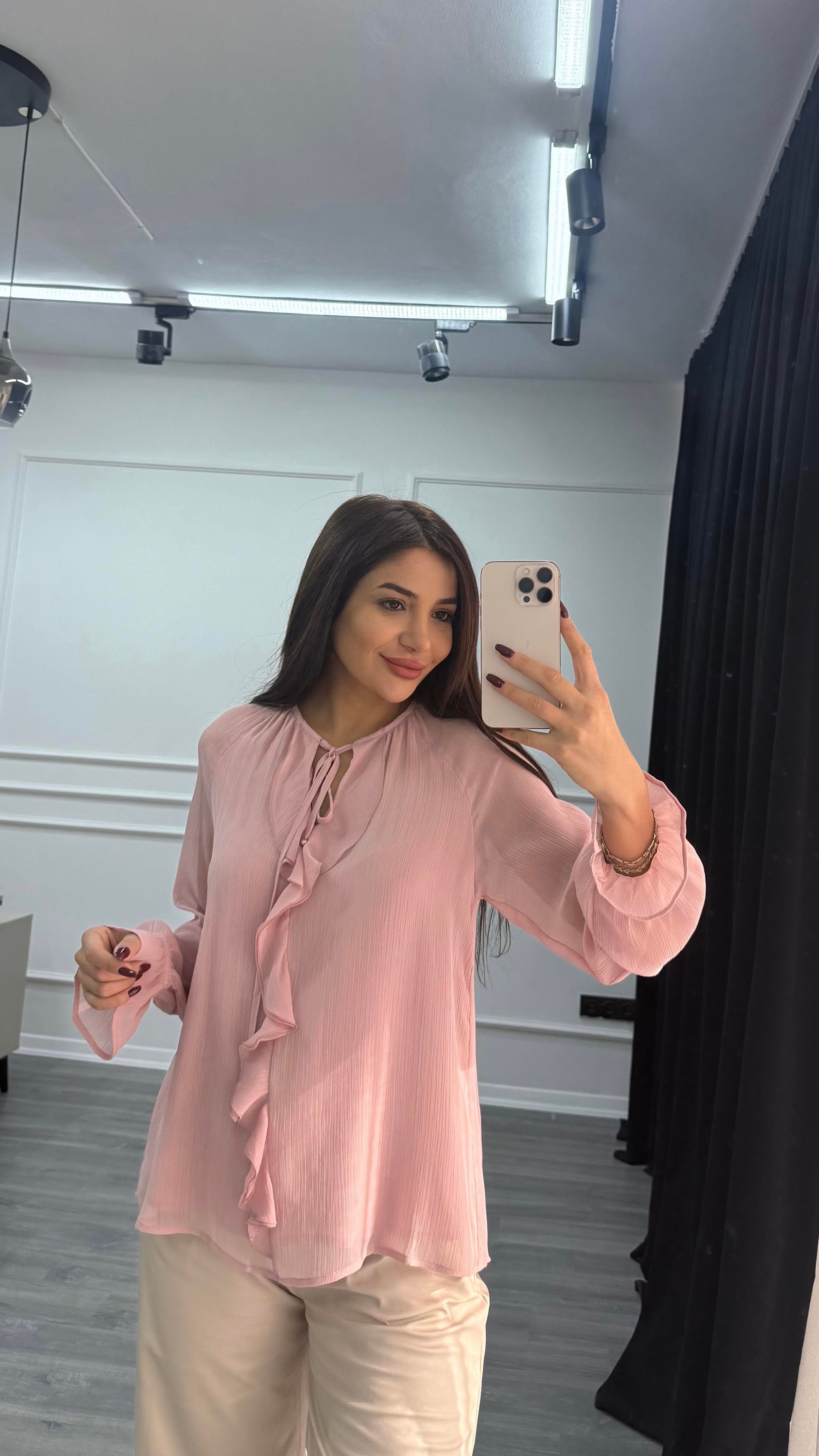 Pembe Modal Volanlı Uzun Kollu Gömlek