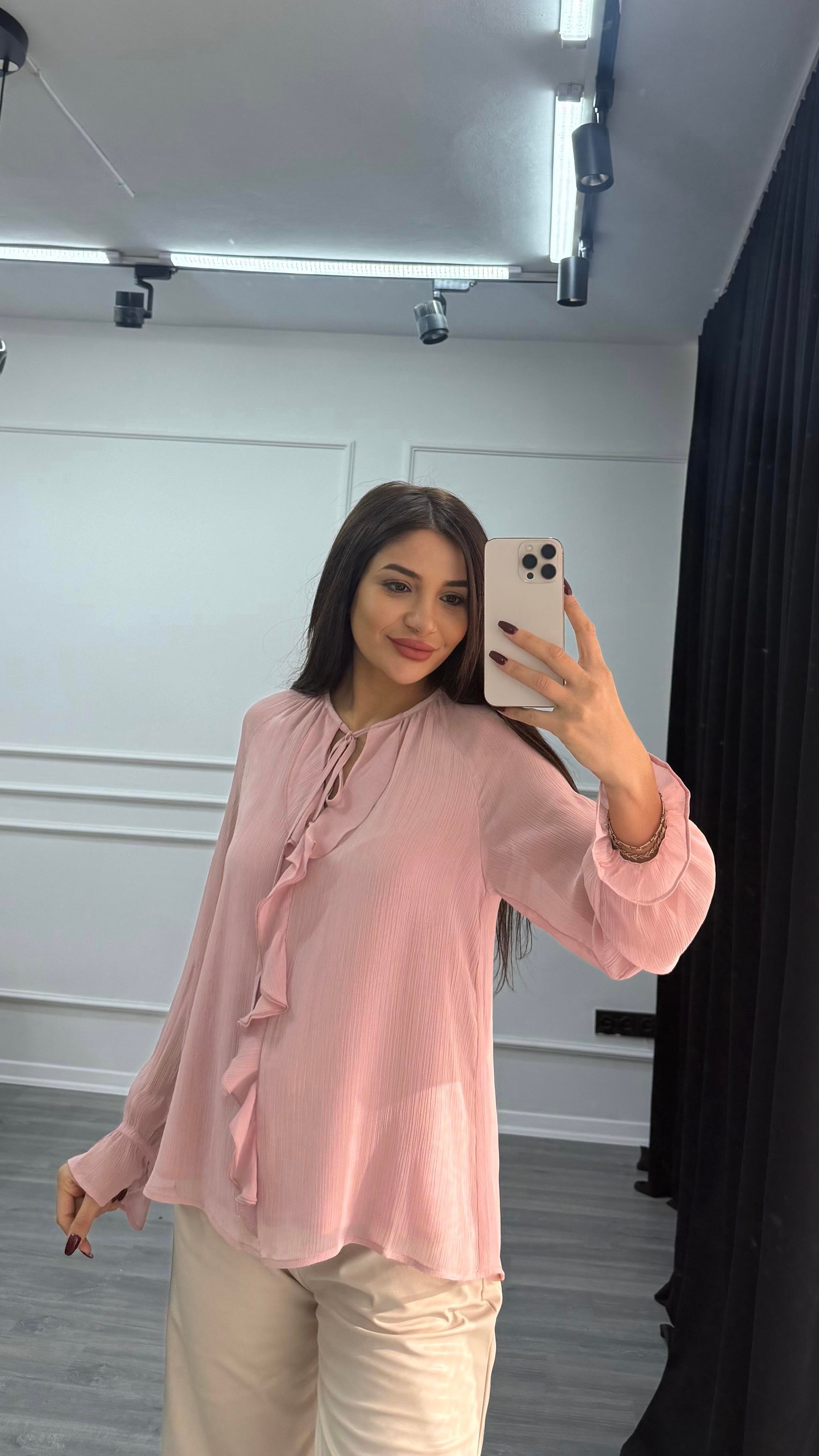 Pembe Modal Volanlı Uzun Kollu Gömlek