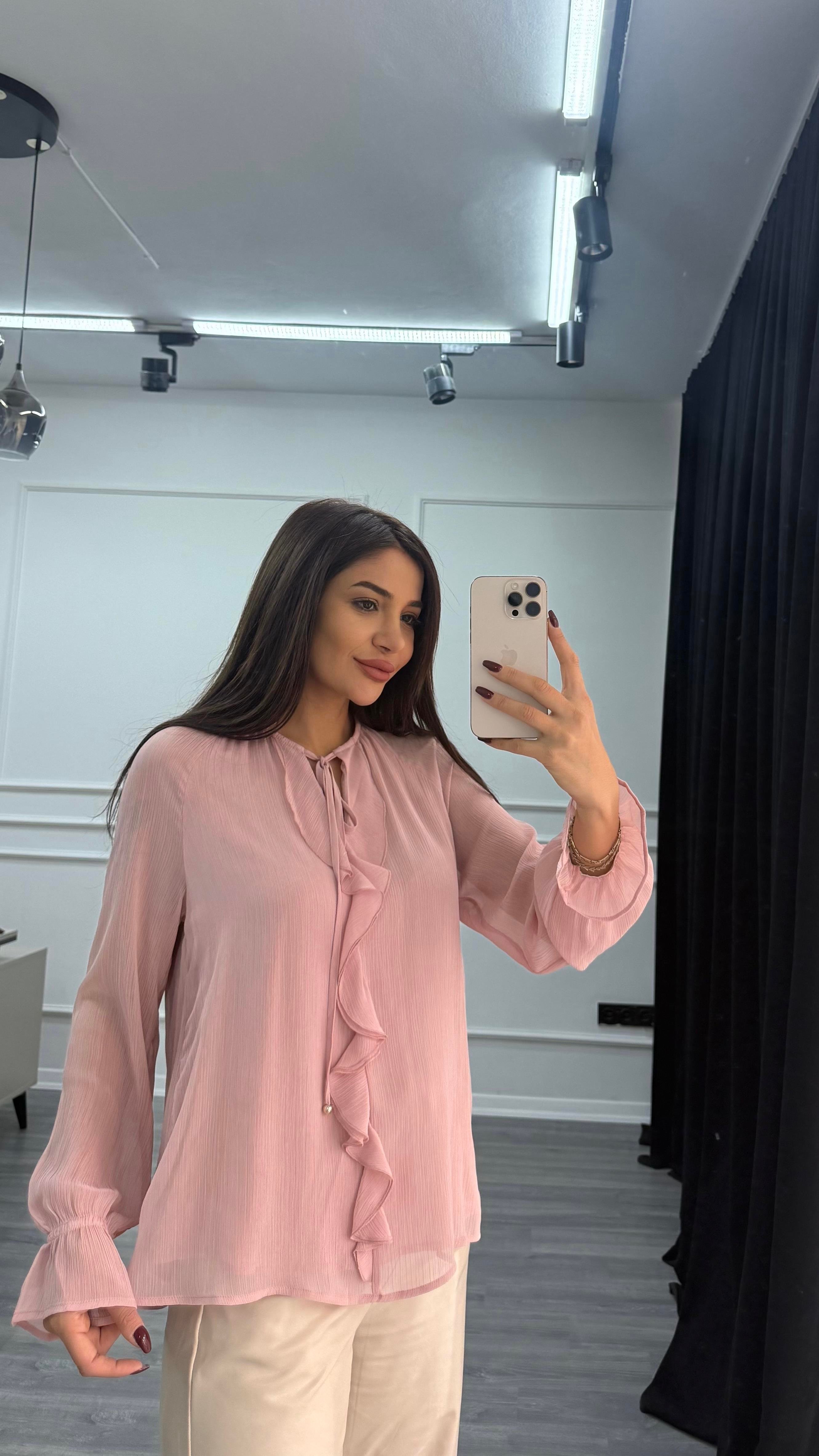 Pembe Modal Volanlı Uzun Kollu Gömlek