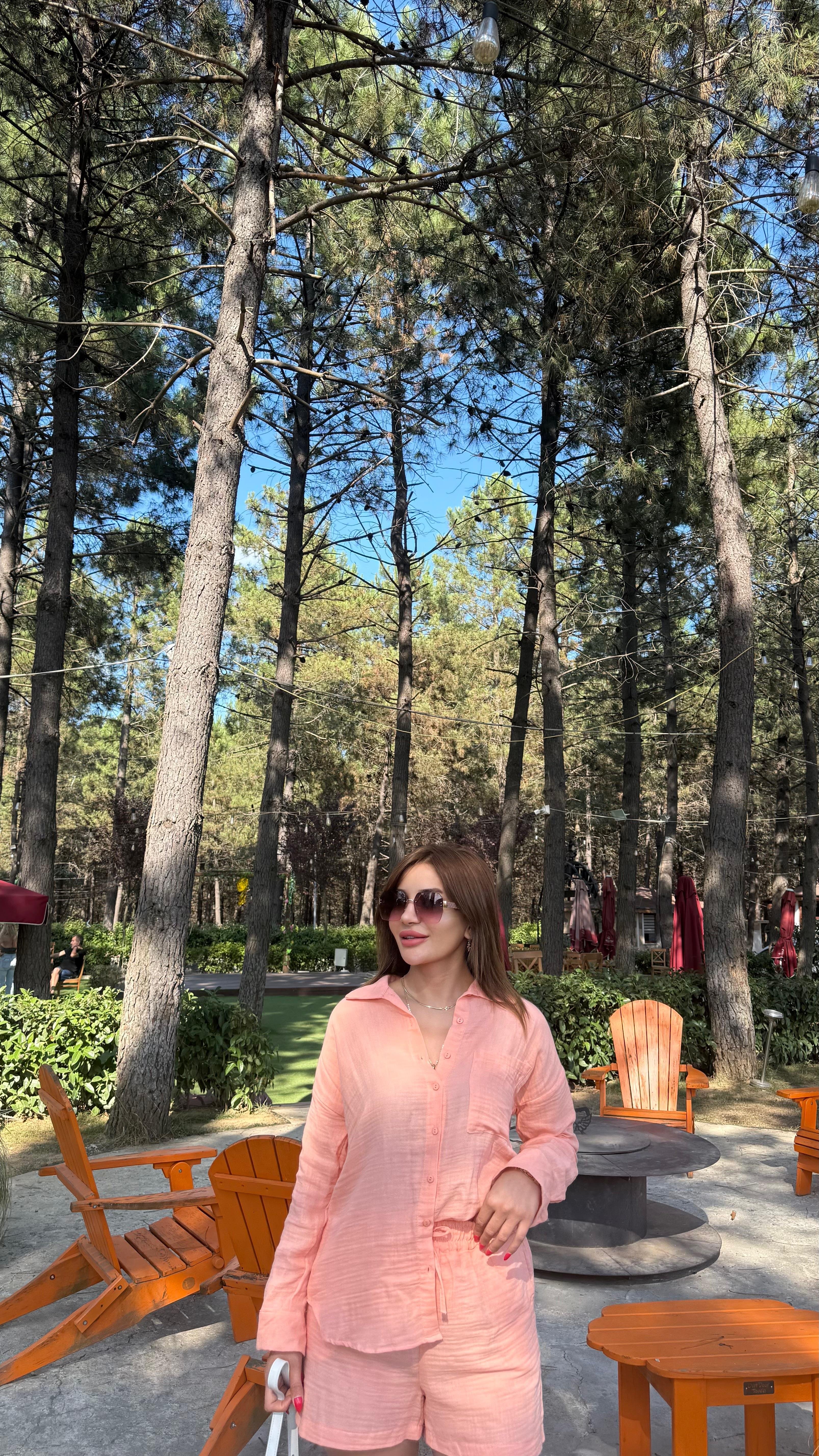 Pembe Müslin Kumaş Rahat Kesim Gömlek Şort İkili Takım