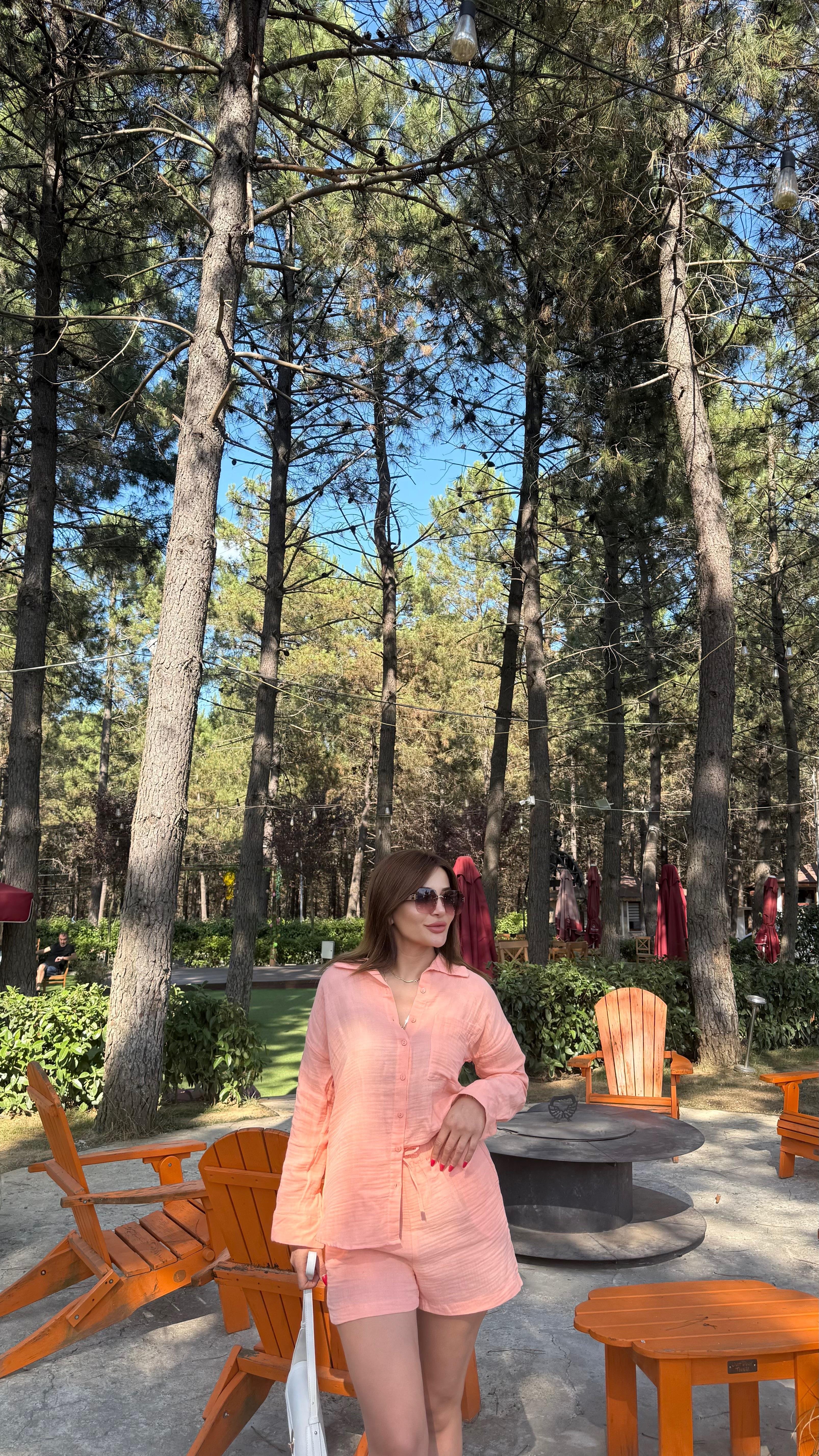 Pembe Müslin Kumaş Rahat Kesim Gömlek Şort İkili Takım