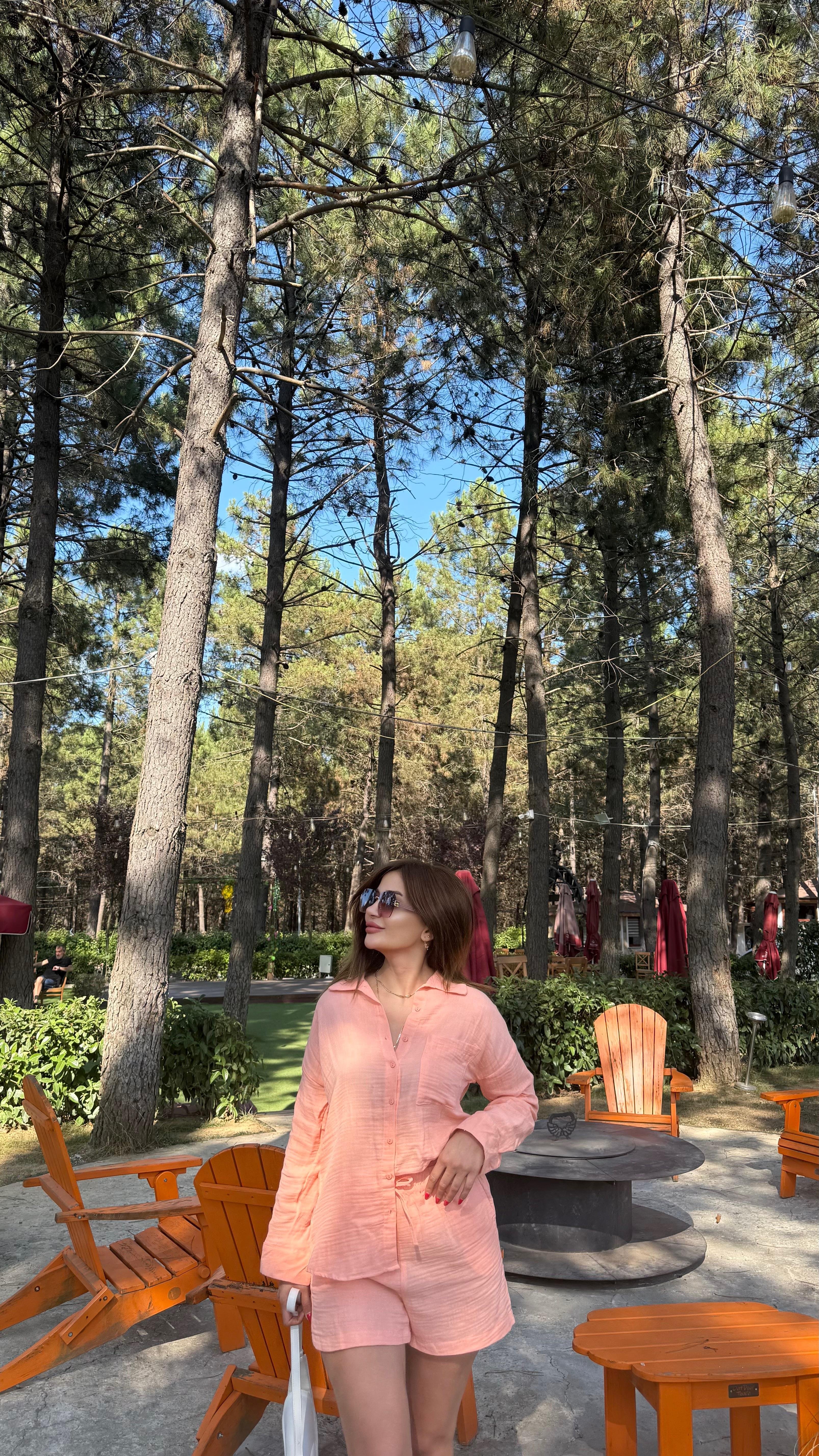 Pembe Müslin Kumaş Rahat Kesim Gömlek Şort İkili Takım