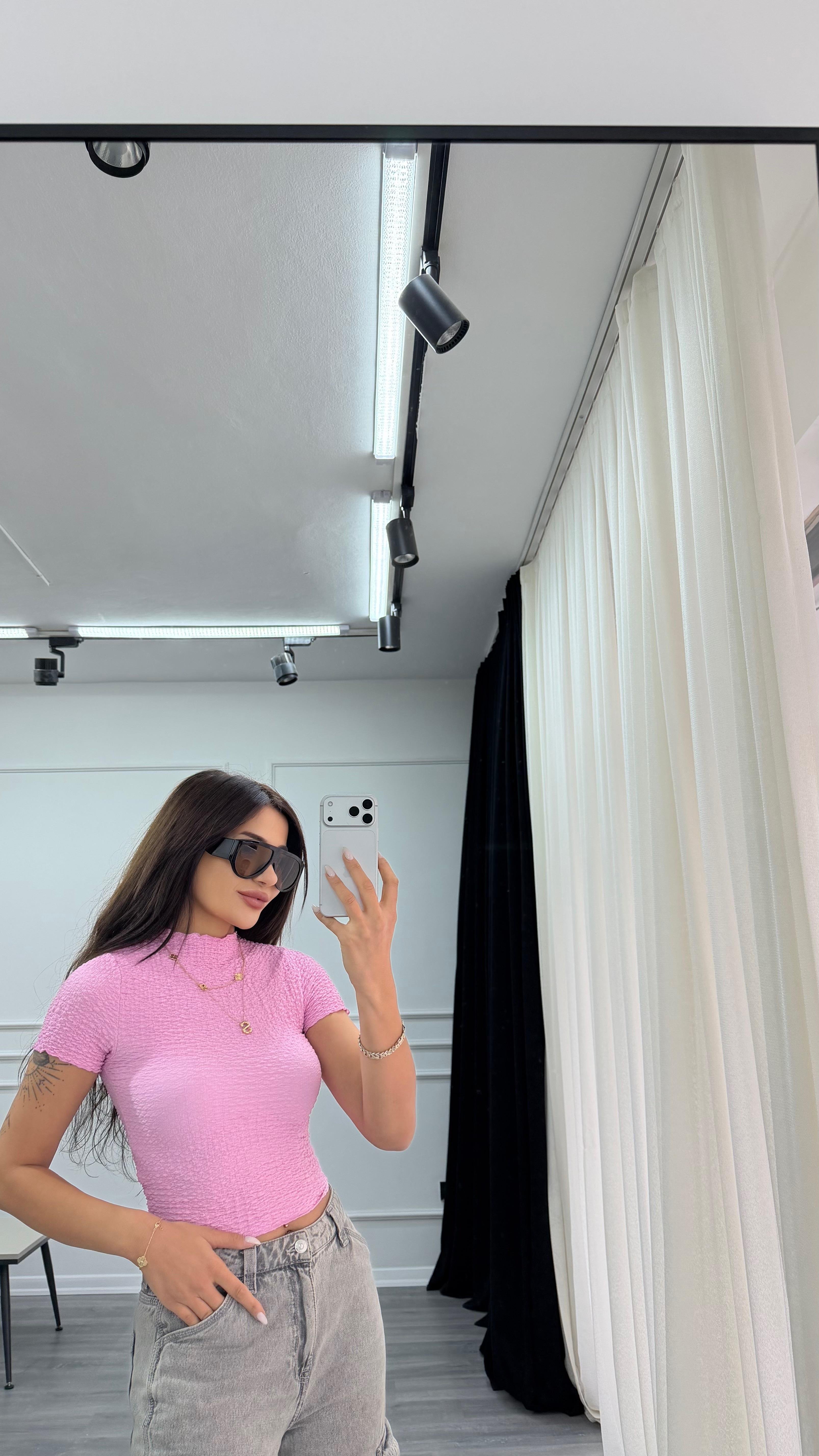 Pembe Örgü Kumaş Esnek Kısa Kollu Crop