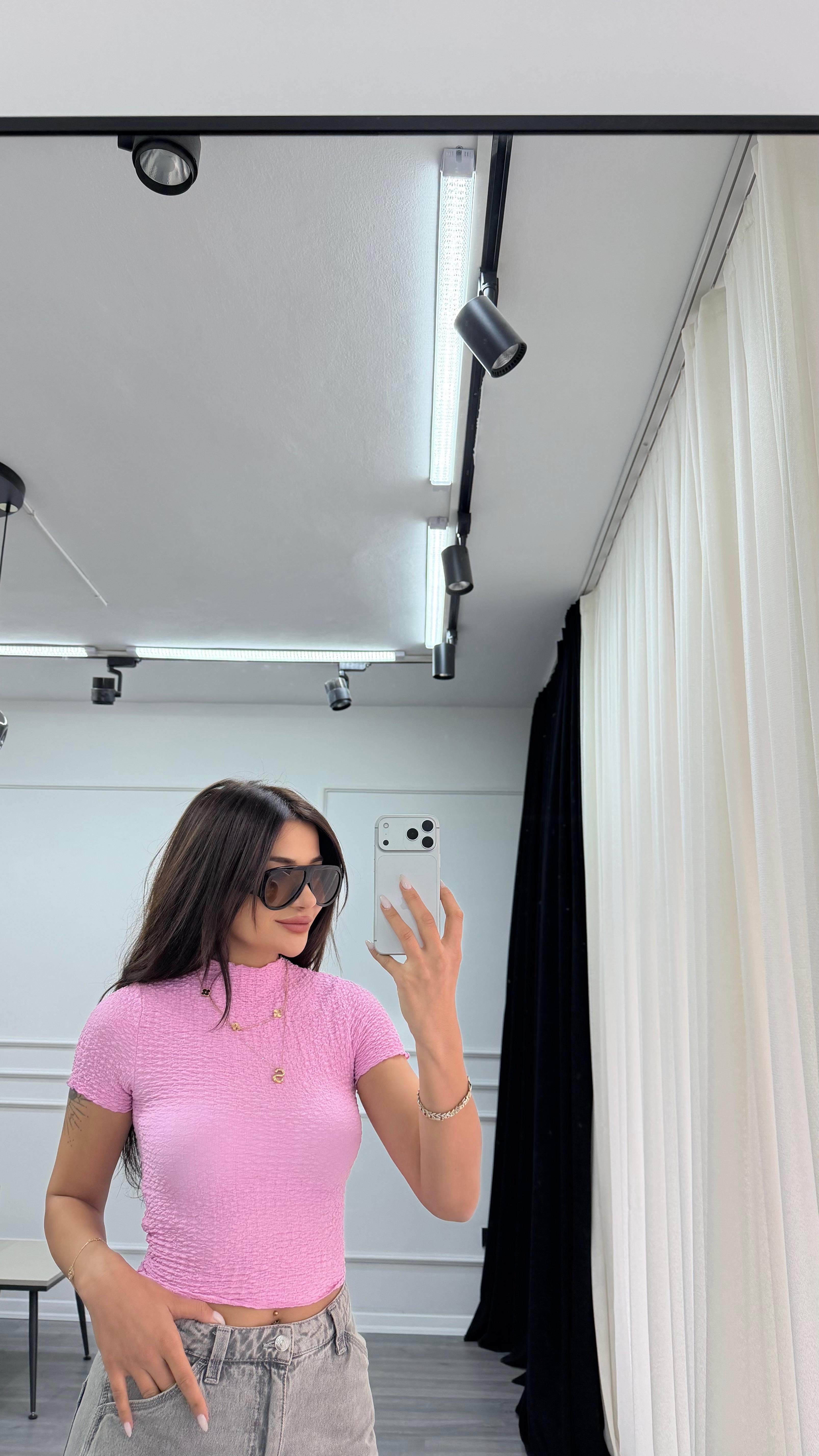 Pembe Örgü Kumaş Esnek Kısa Kollu Crop