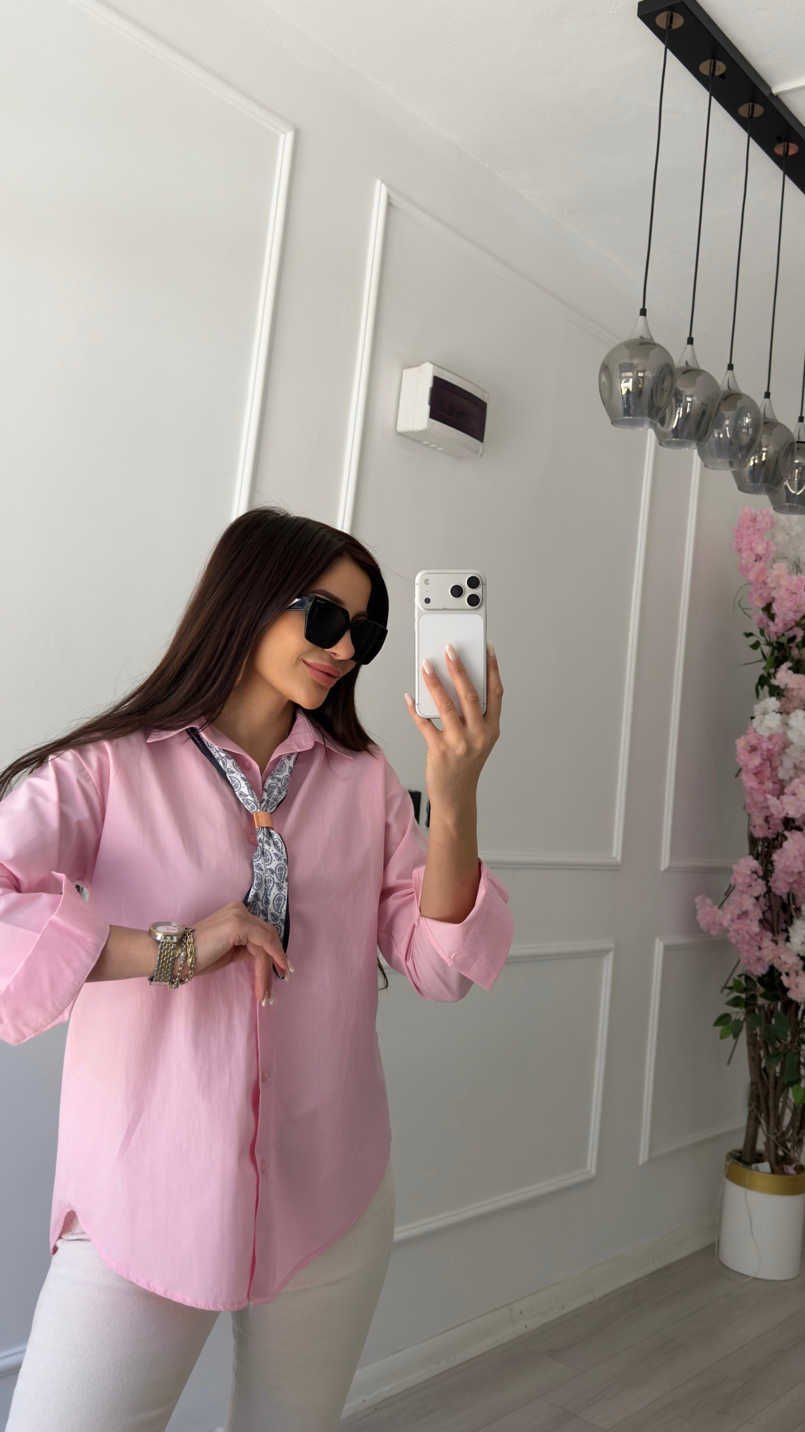Pembe Oversize Fularlı Gömlek