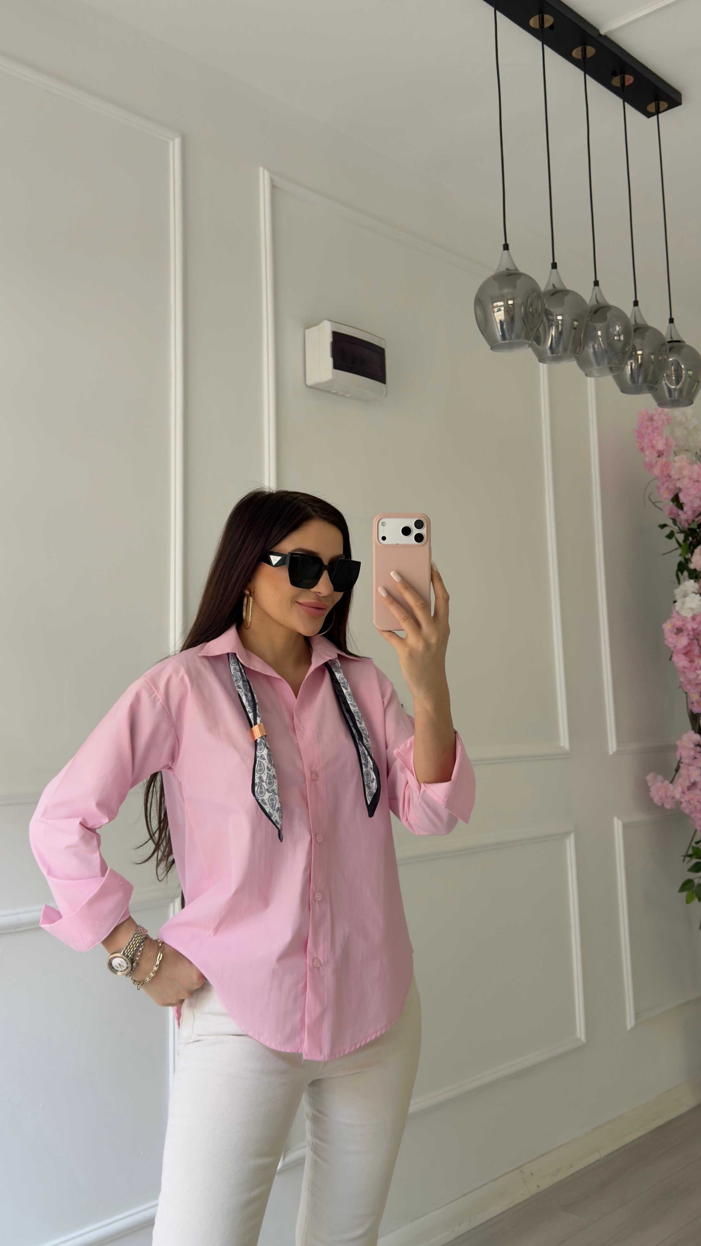 Pembe Oversize Fularlı Gömlek
