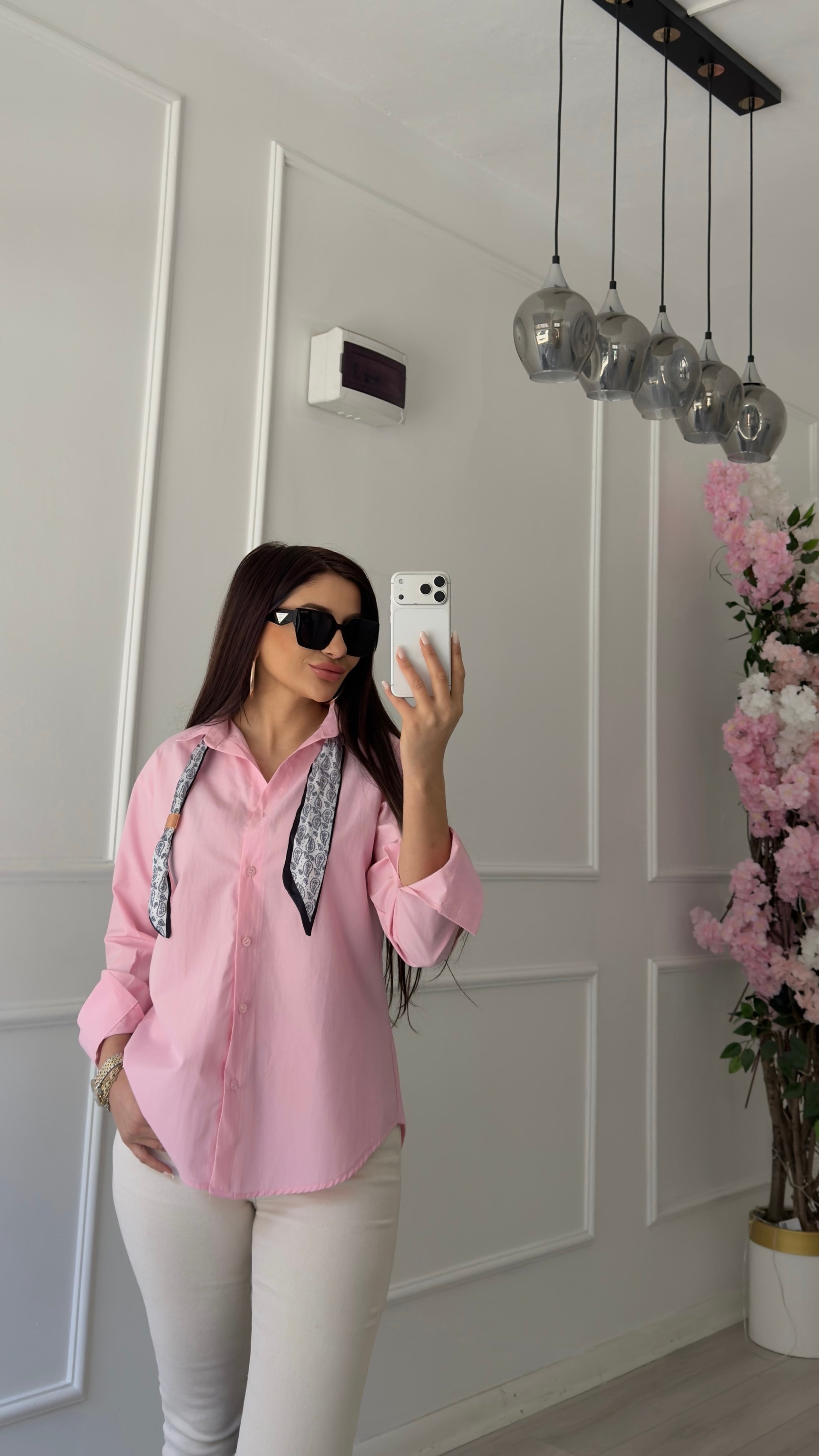 Pembe Oversize Fularlı Gömlek