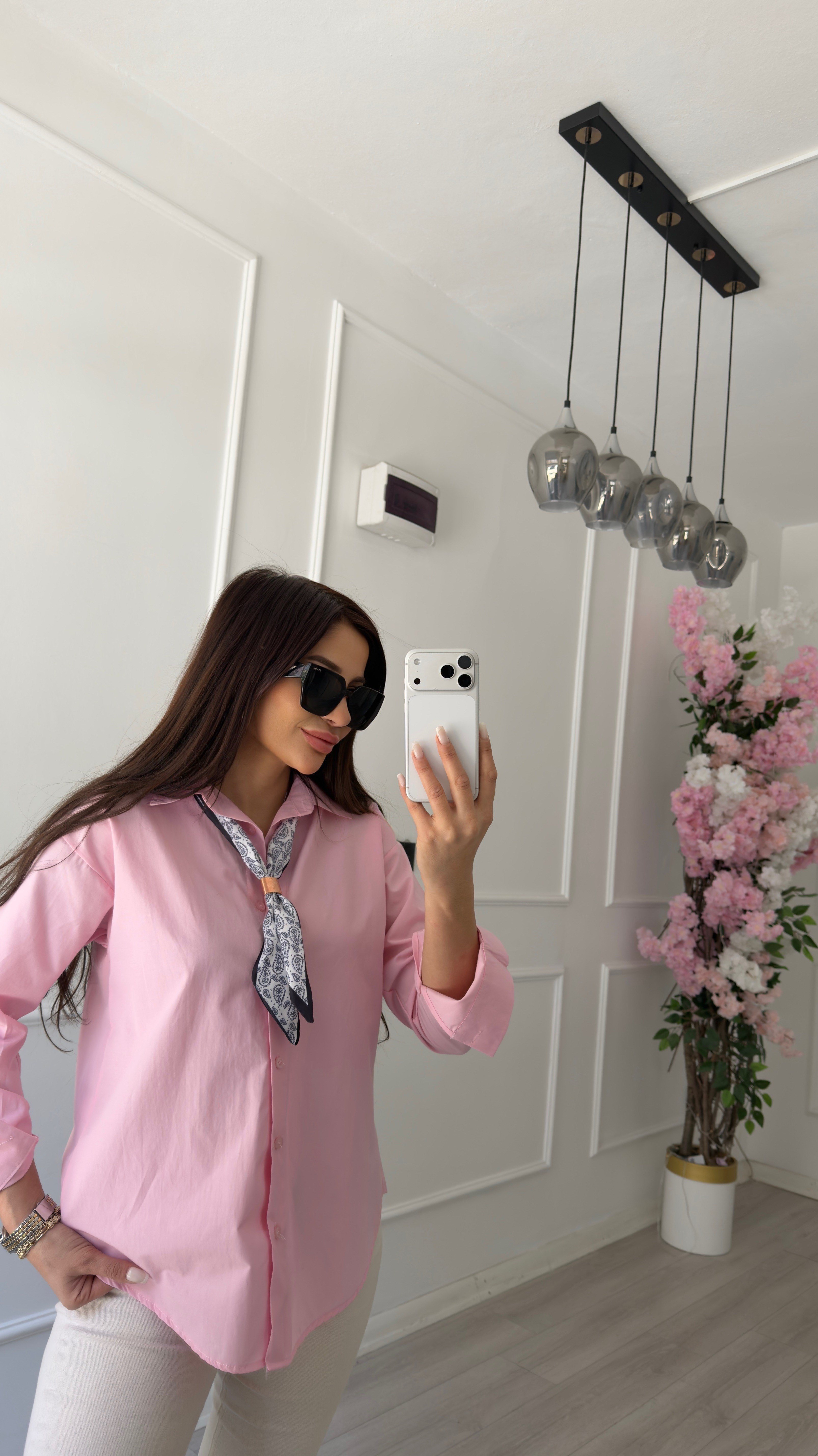 Pembe Oversize Fularlı Gömlek