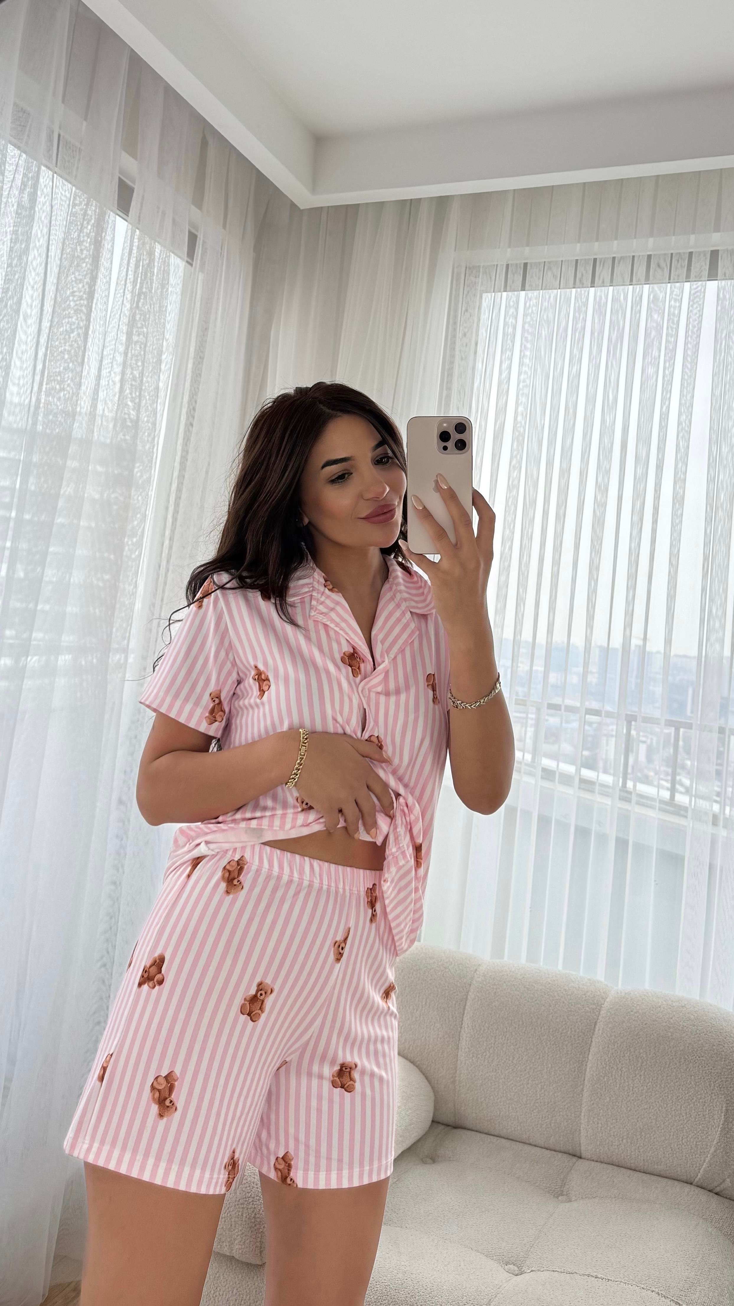 Pembe Premium Kalite Gömlek Şortlu Ayıcık Desenli Pijama Takımı
