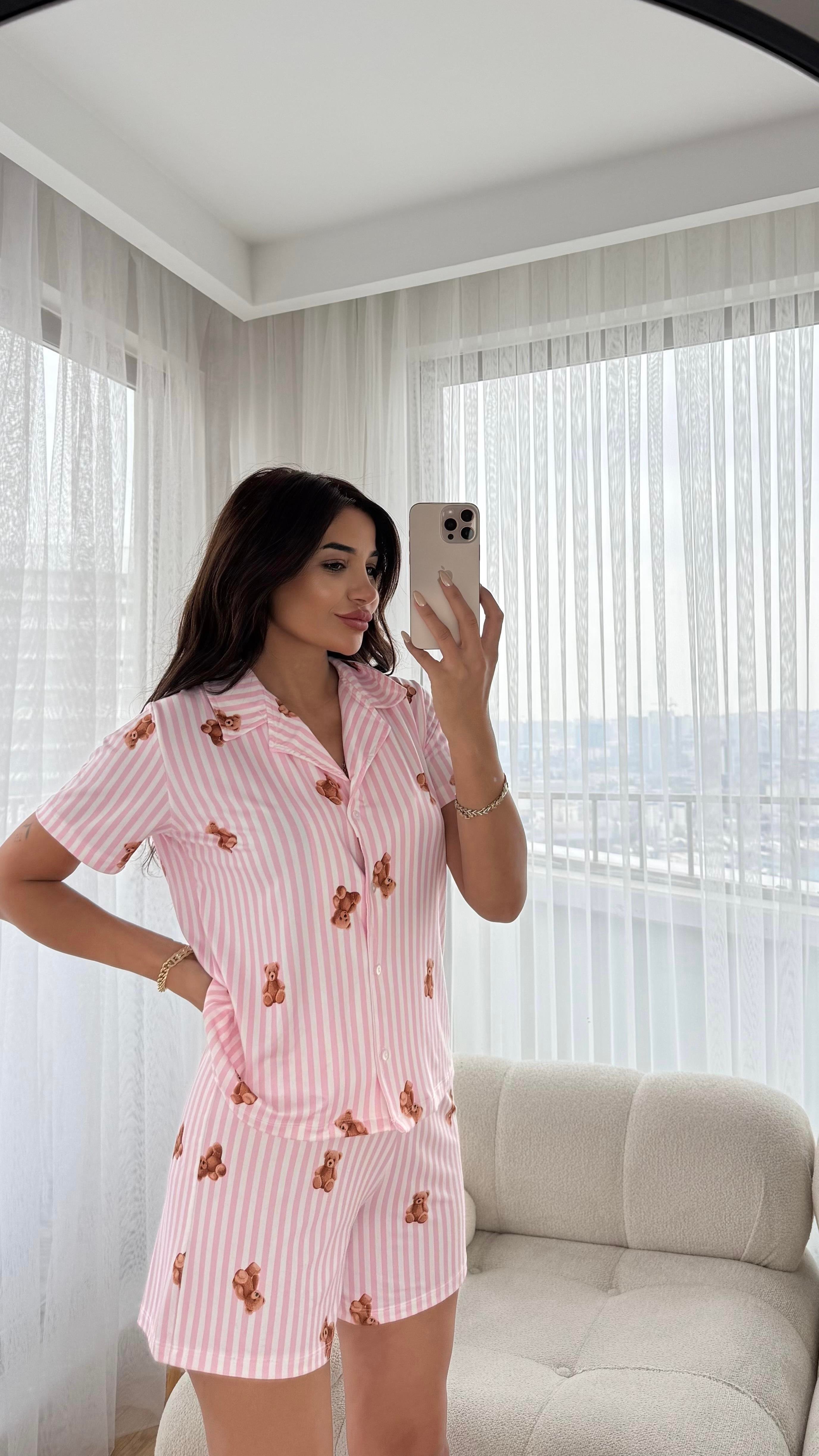 Pembe Premium Kalite Gömlek Şortlu Ayıcık Desenli Pijama Takımı