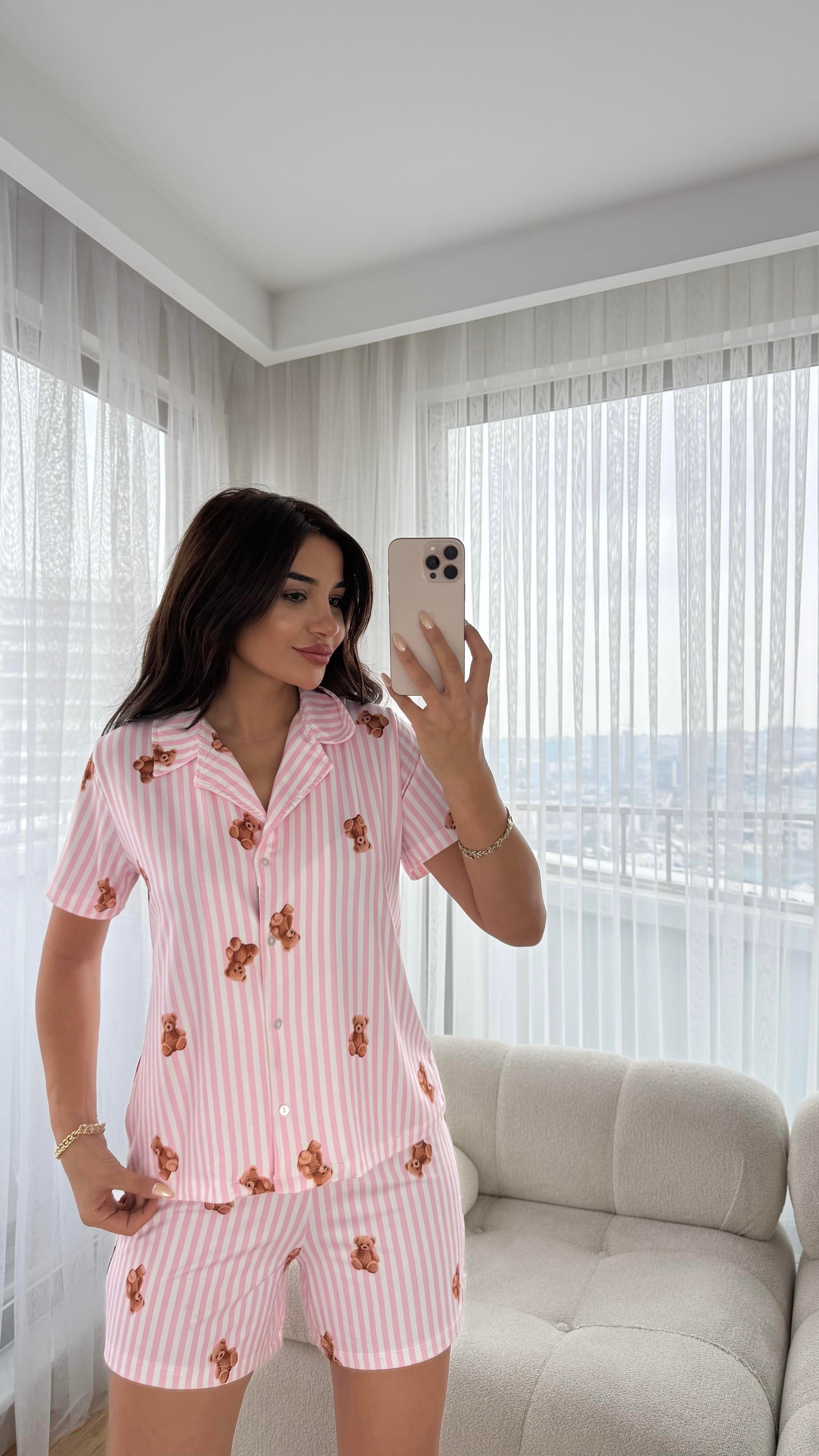 Pembe Premium Kalite Gömlek Şortlu Ayıcık Desenli Pijama Takımı