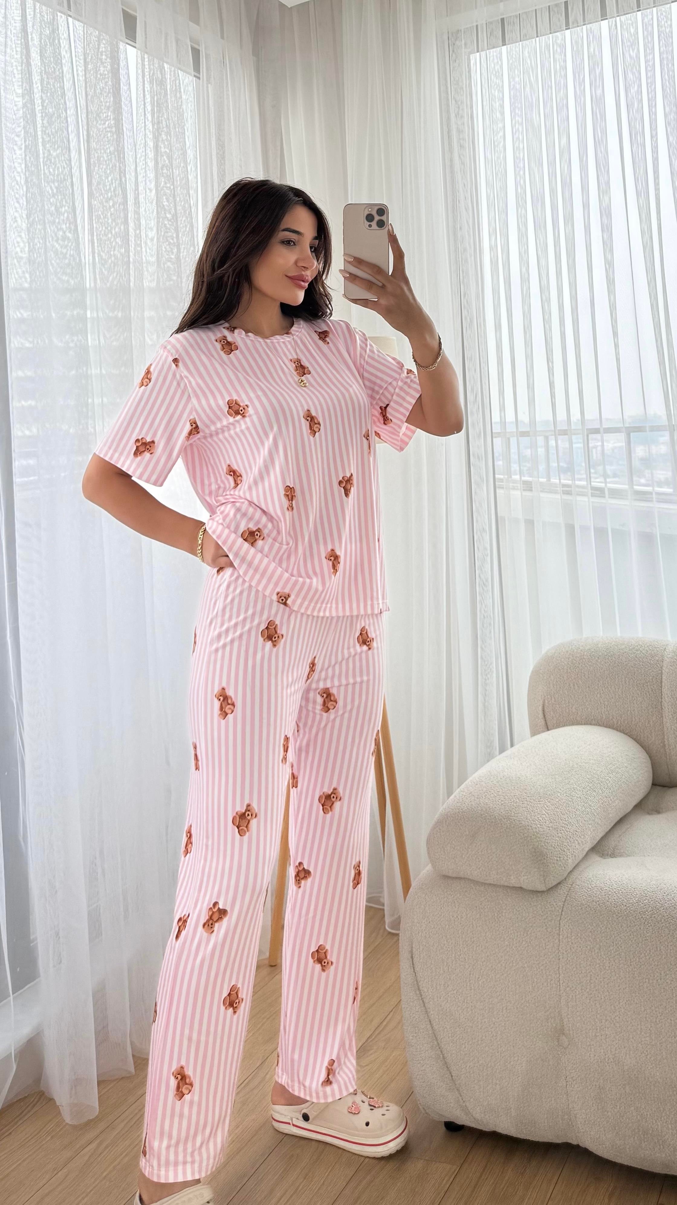 Pembe Premium Kalite Kısa Kollu Ayıcık Desenli Pijama Takımı