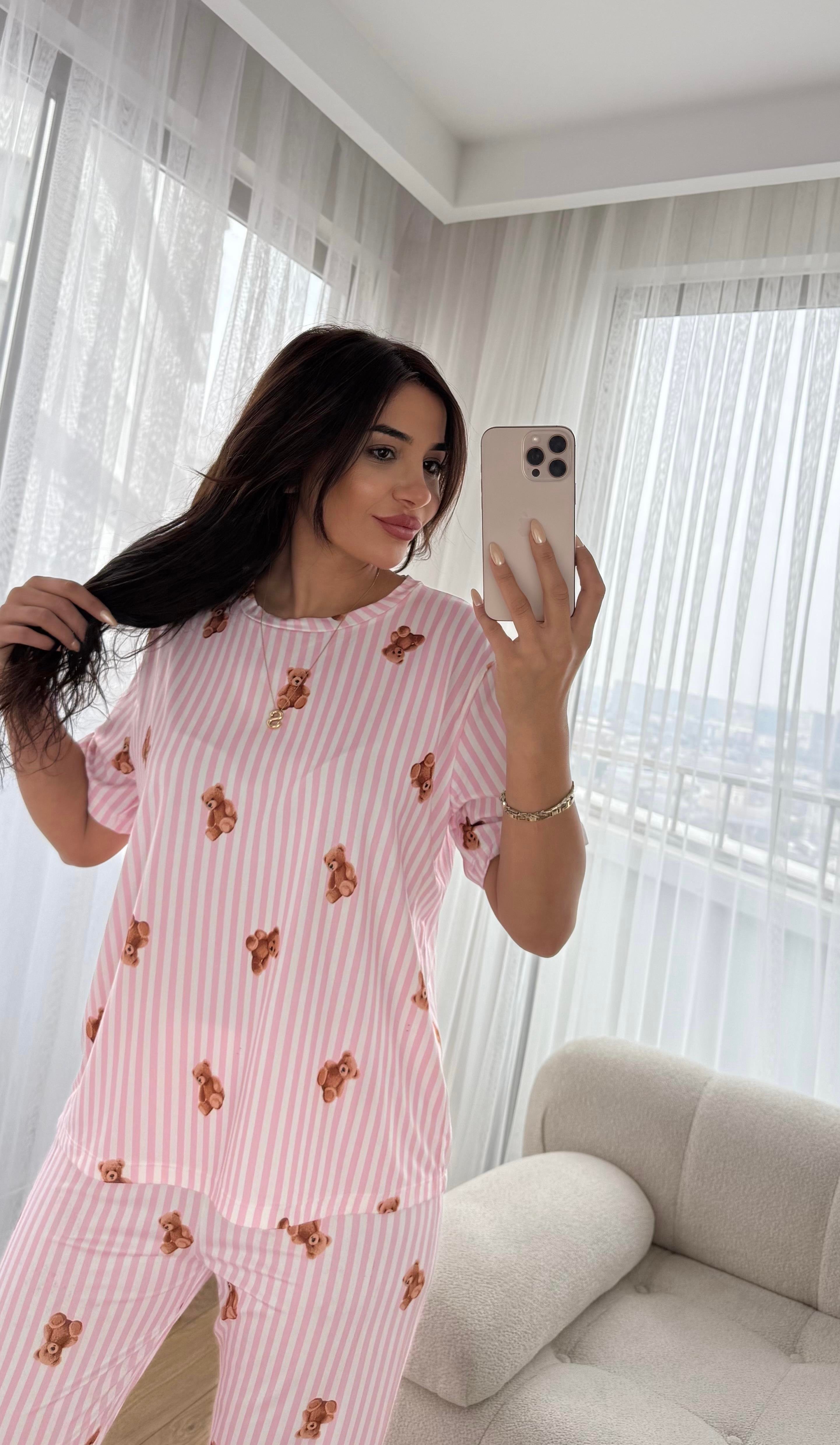 Pembe Premium Kalite Kısa Kollu Ayıcık Desenli Pijama Takımı