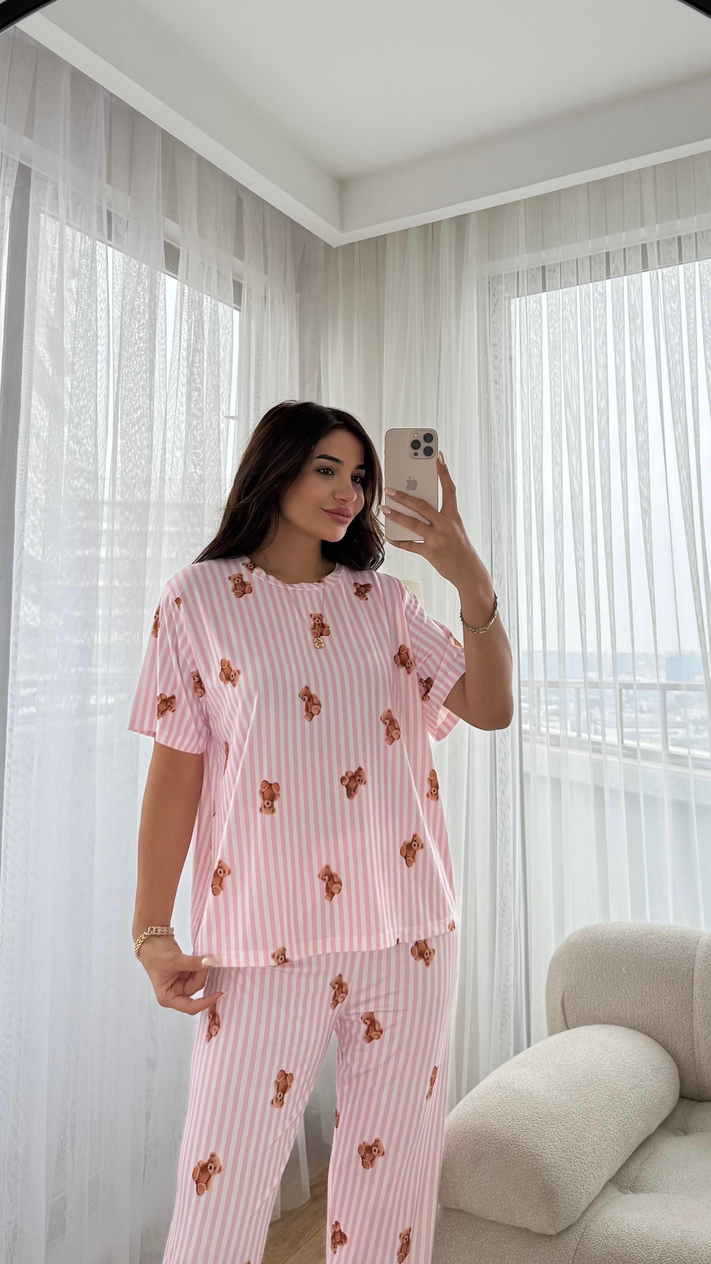 Pembe Premium Kalite Kısa Kollu Ayıcık Desenli Pijama Takımı