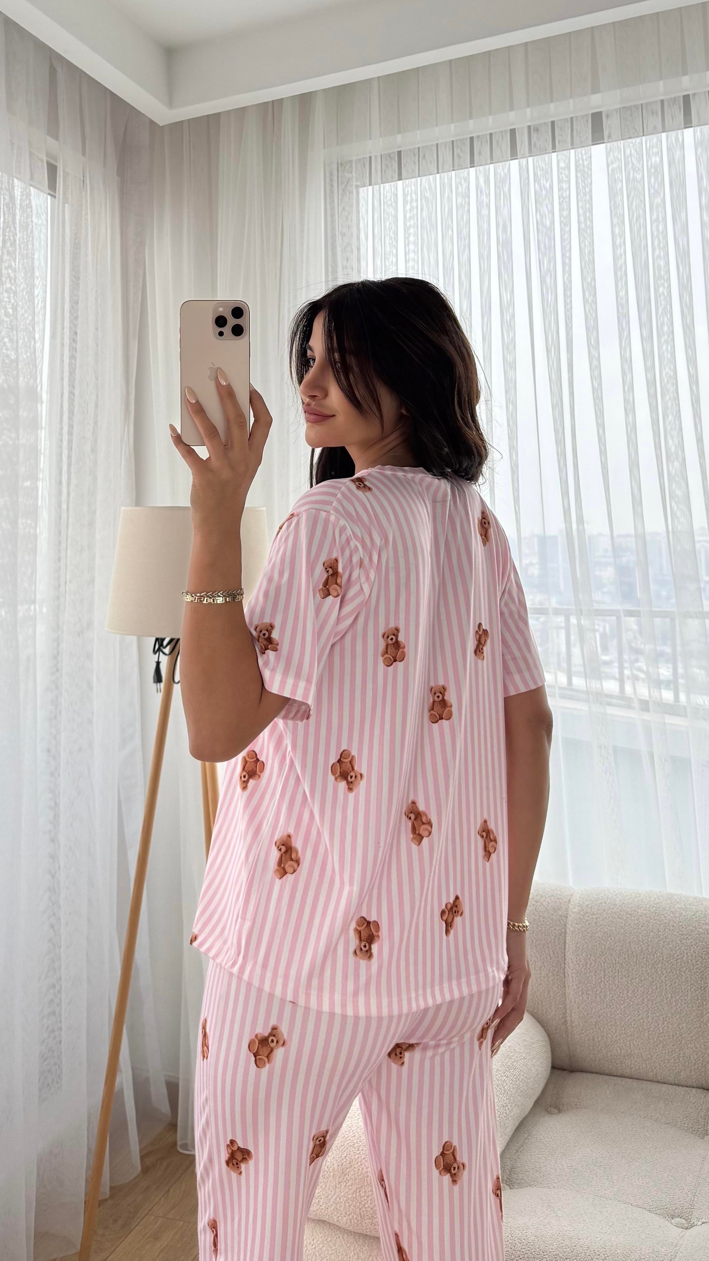 Pembe Premium Kalite Kısa Kollu Ayıcık Desenli Pijama Takımı
