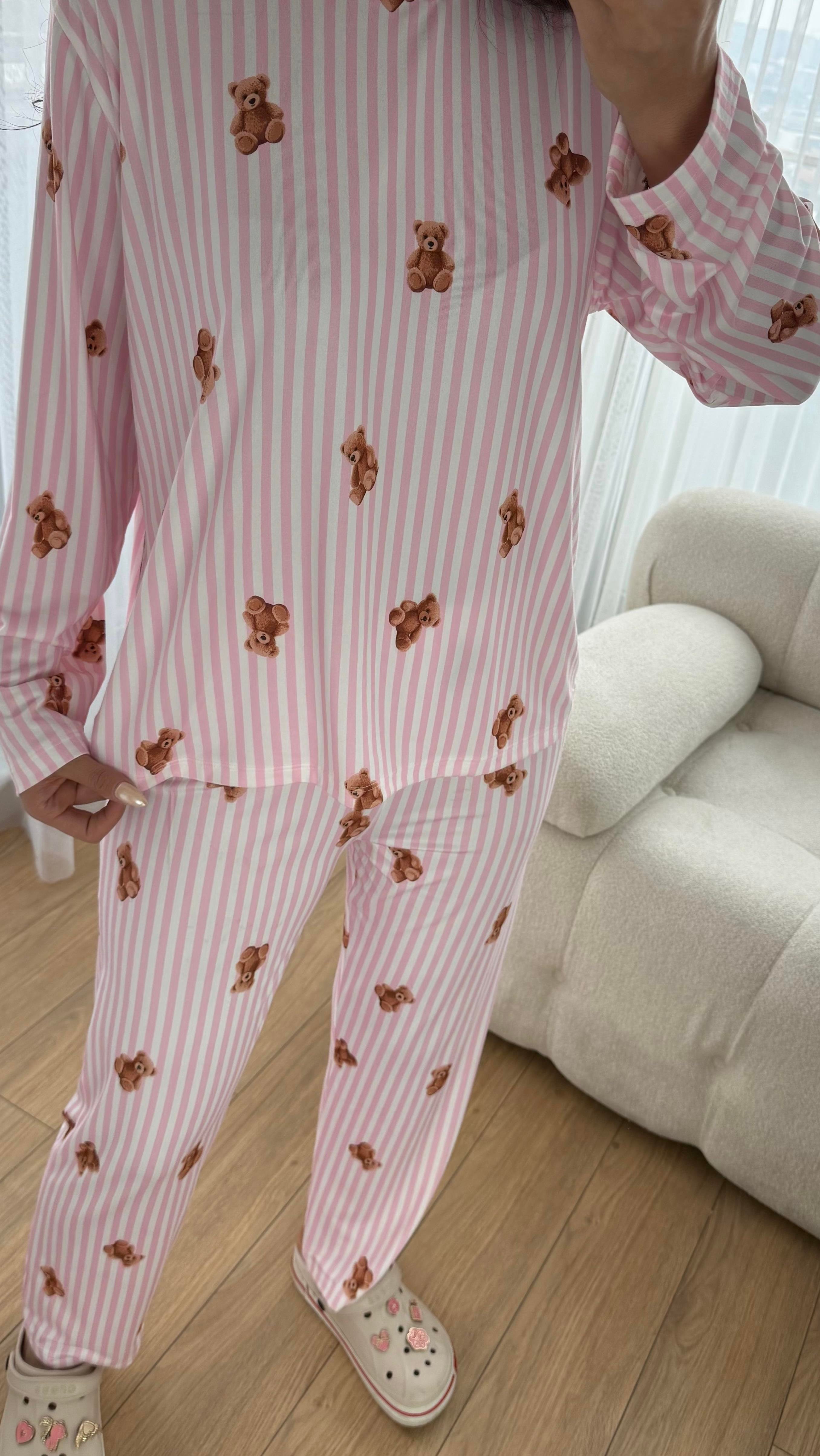 Pembe Premium Kalite Uzun Kollu Ayıcık Desenli Pijama Takımı