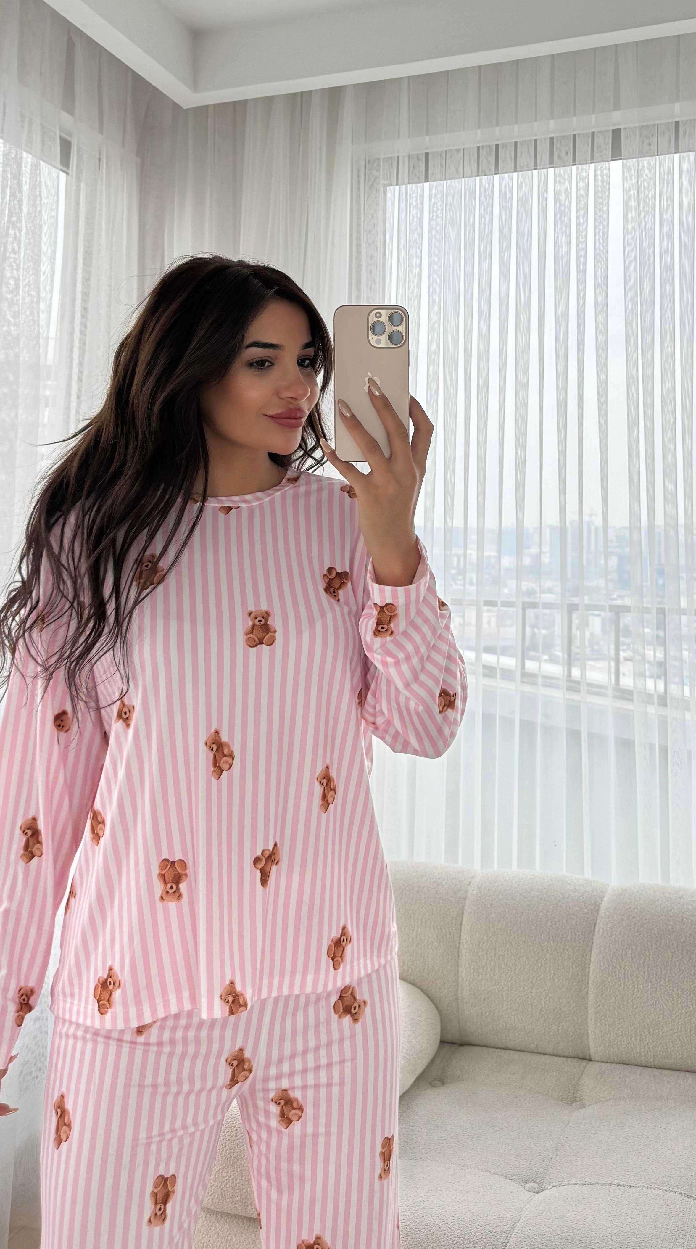 Pembe Premium Kalite Uzun Kollu Ayıcık Desenli Pijama Takımı
