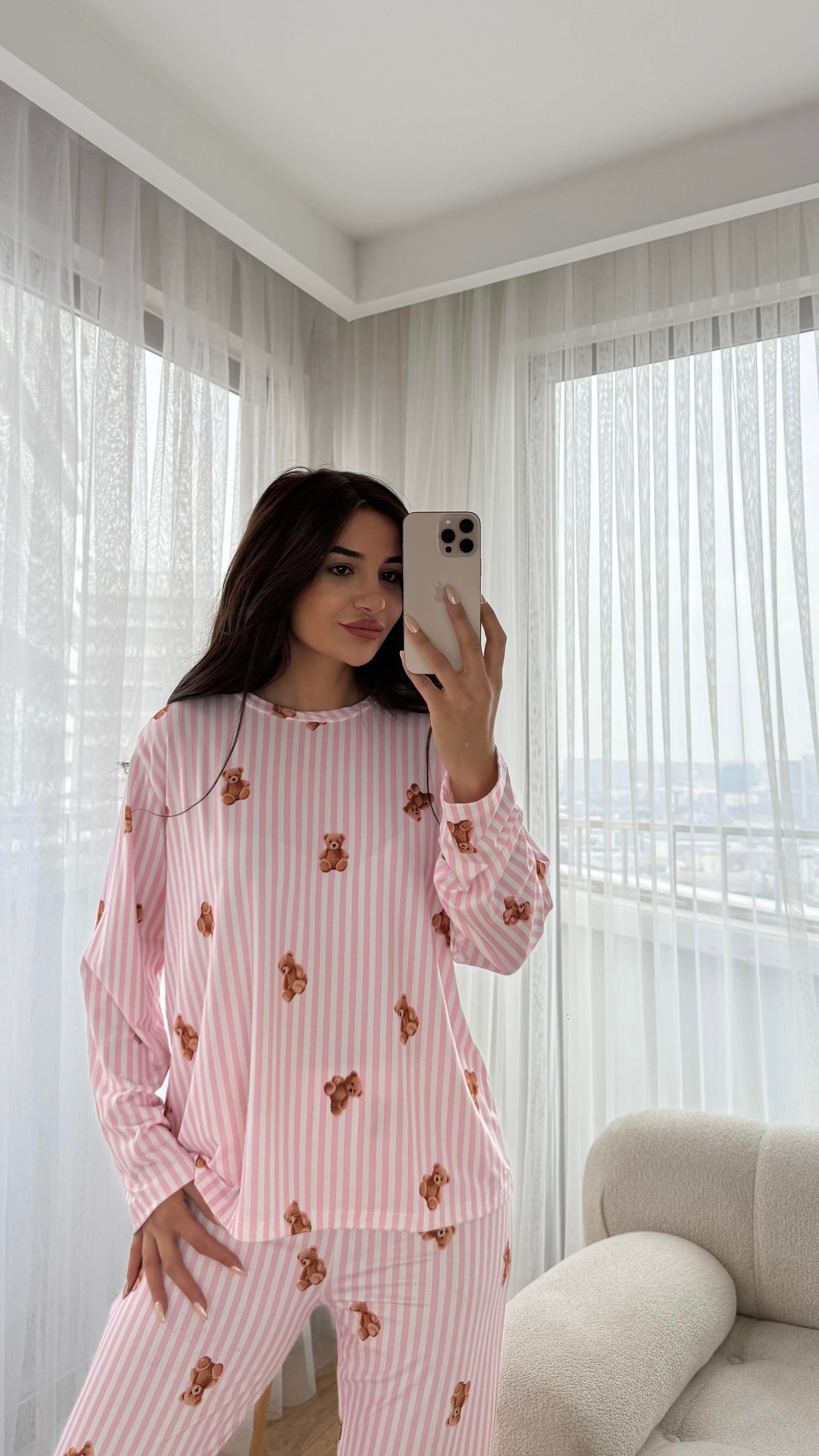 Pembe Premium Kalite Uzun Kollu Ayıcık Desenli Pijama Takımı