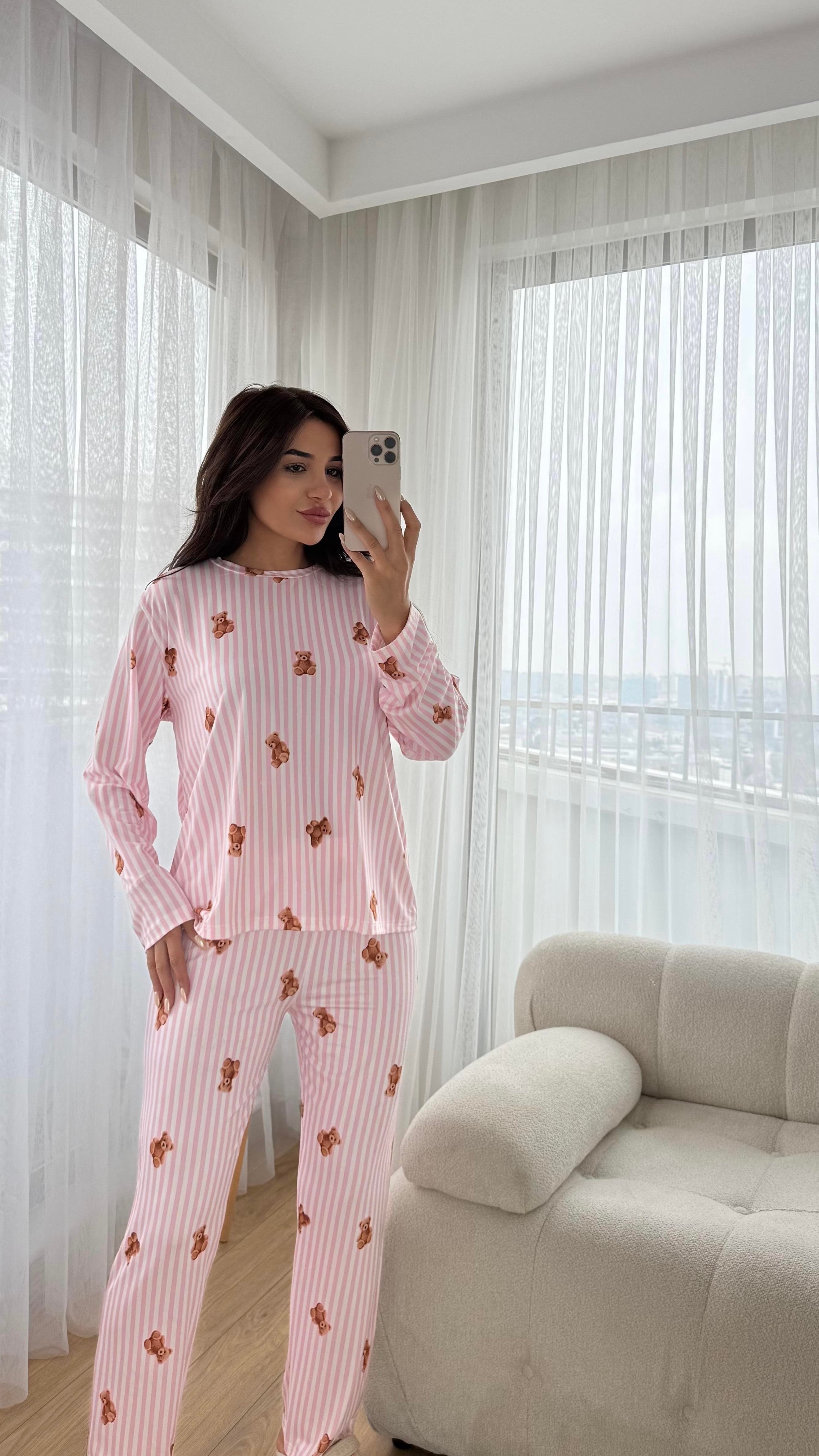 Pembe Premium Kalite Uzun Kollu Ayıcık Desenli Pijama Takımı