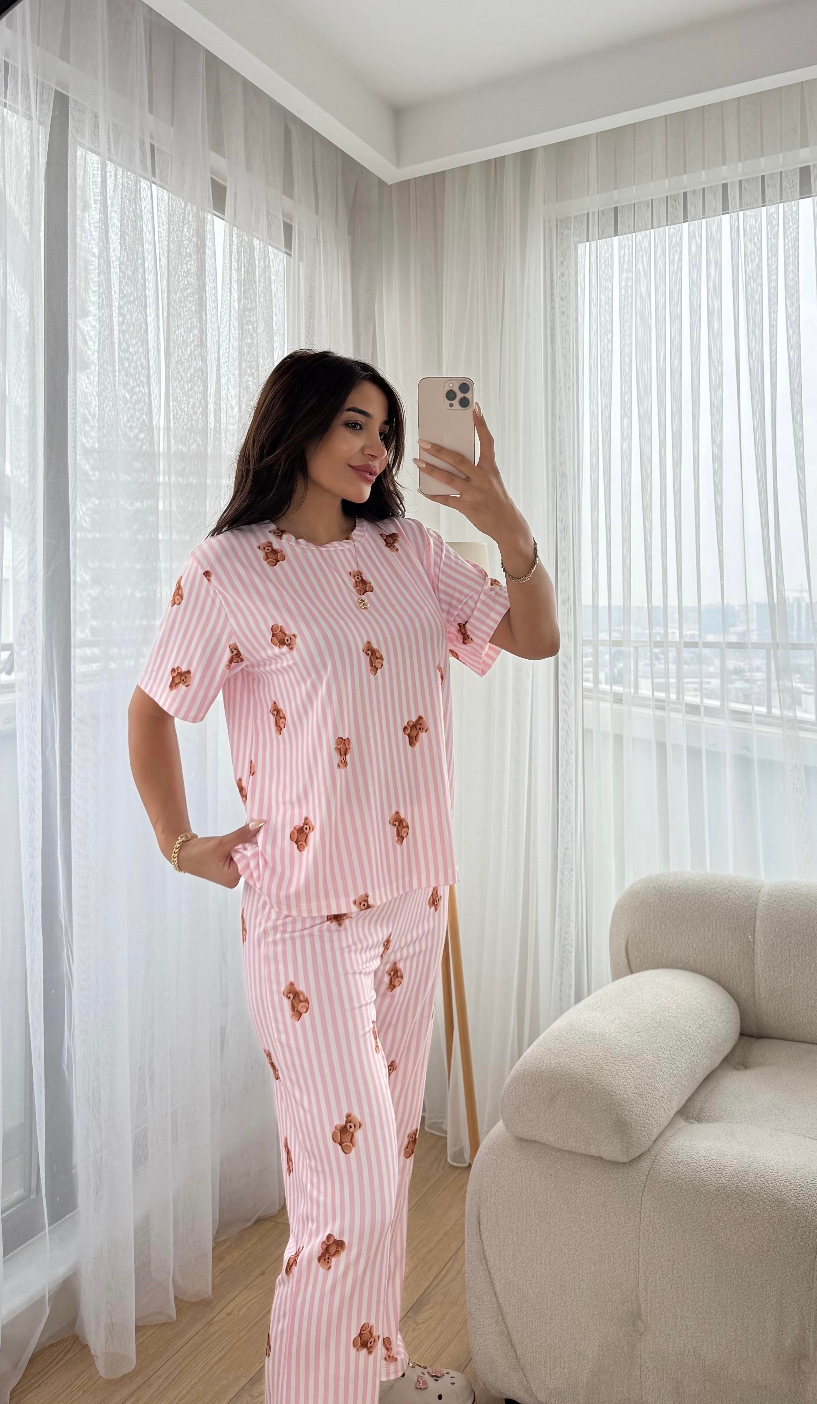 Pembe Premium Kalite Uzun Kollu Ayıcık Desenli Pijama Takımı