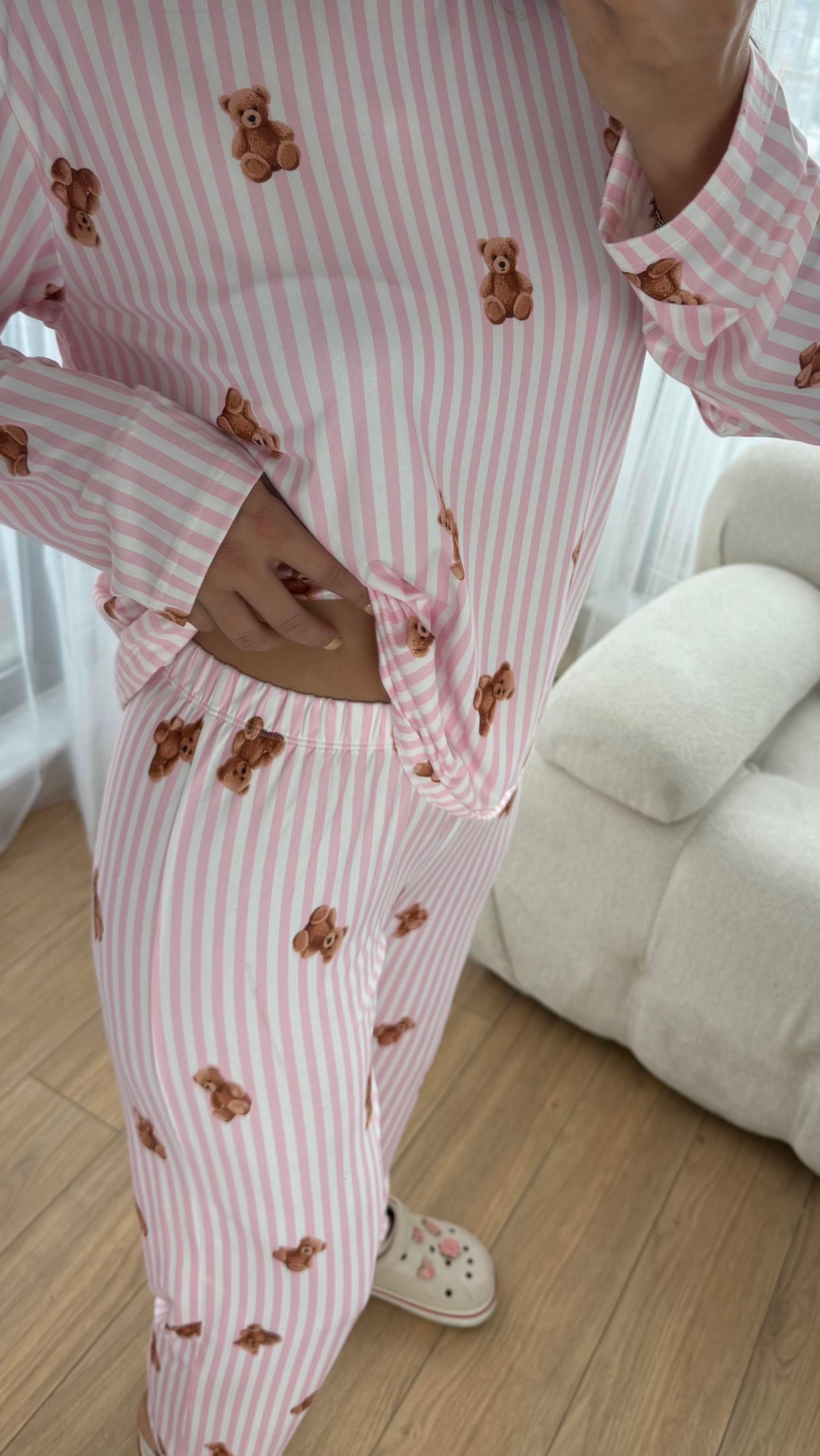 Pembe Premium Kalite Uzun Kollu Ayıcık Desenli Pijama Takımı