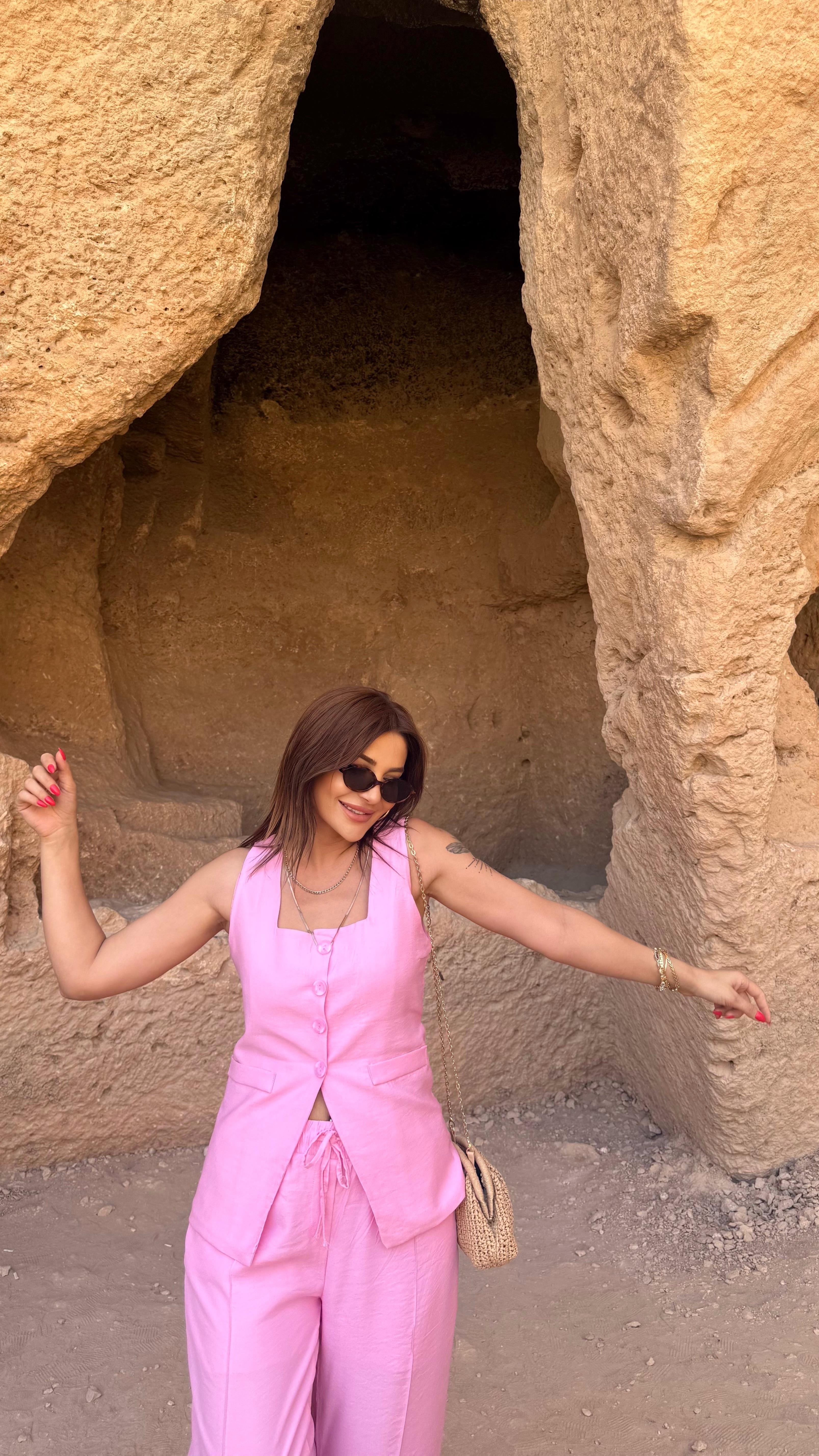 Pembe Yelekli Keten Palazzo Takım