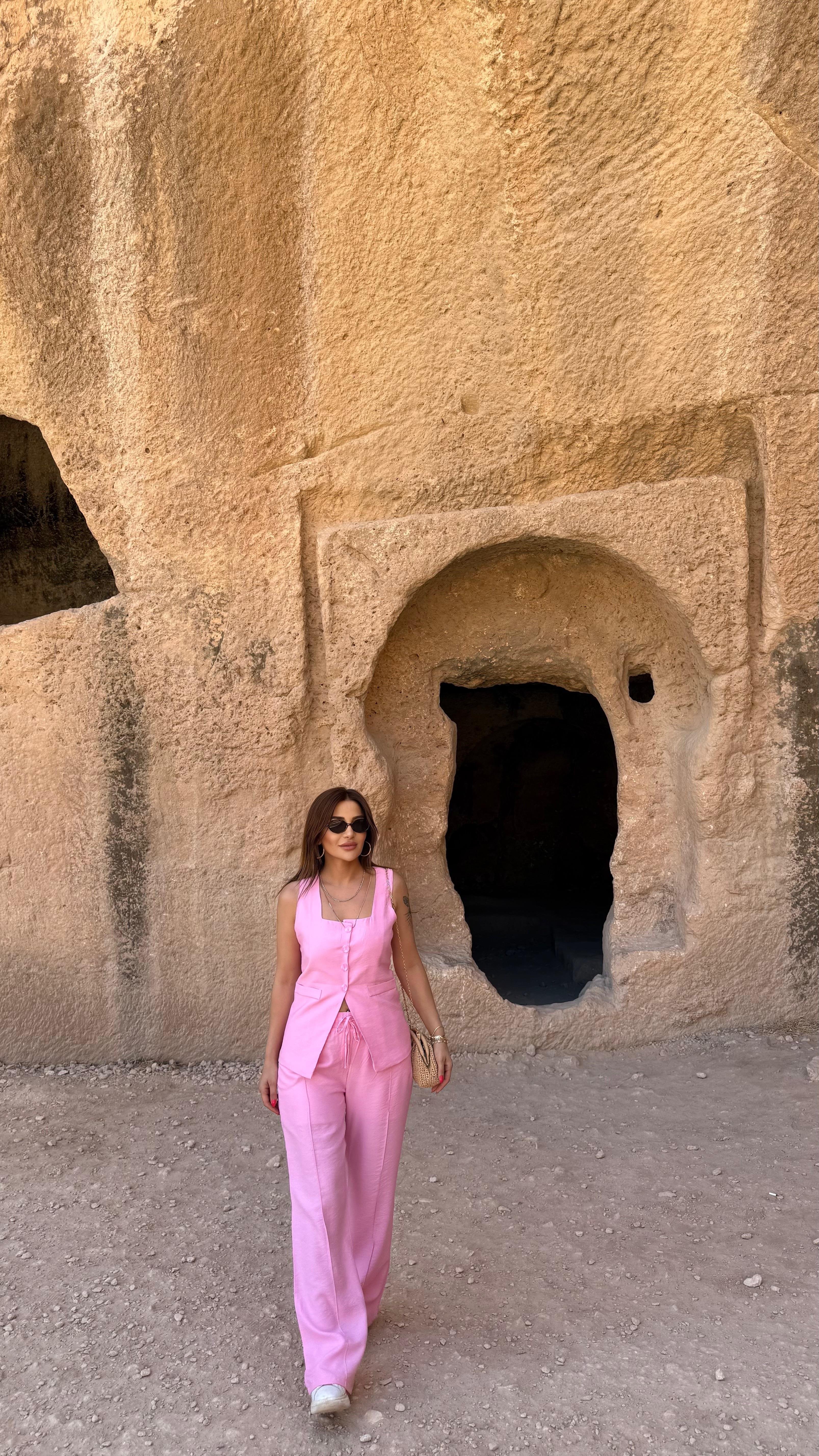 Pembe Yelekli Keten Palazzo Takım