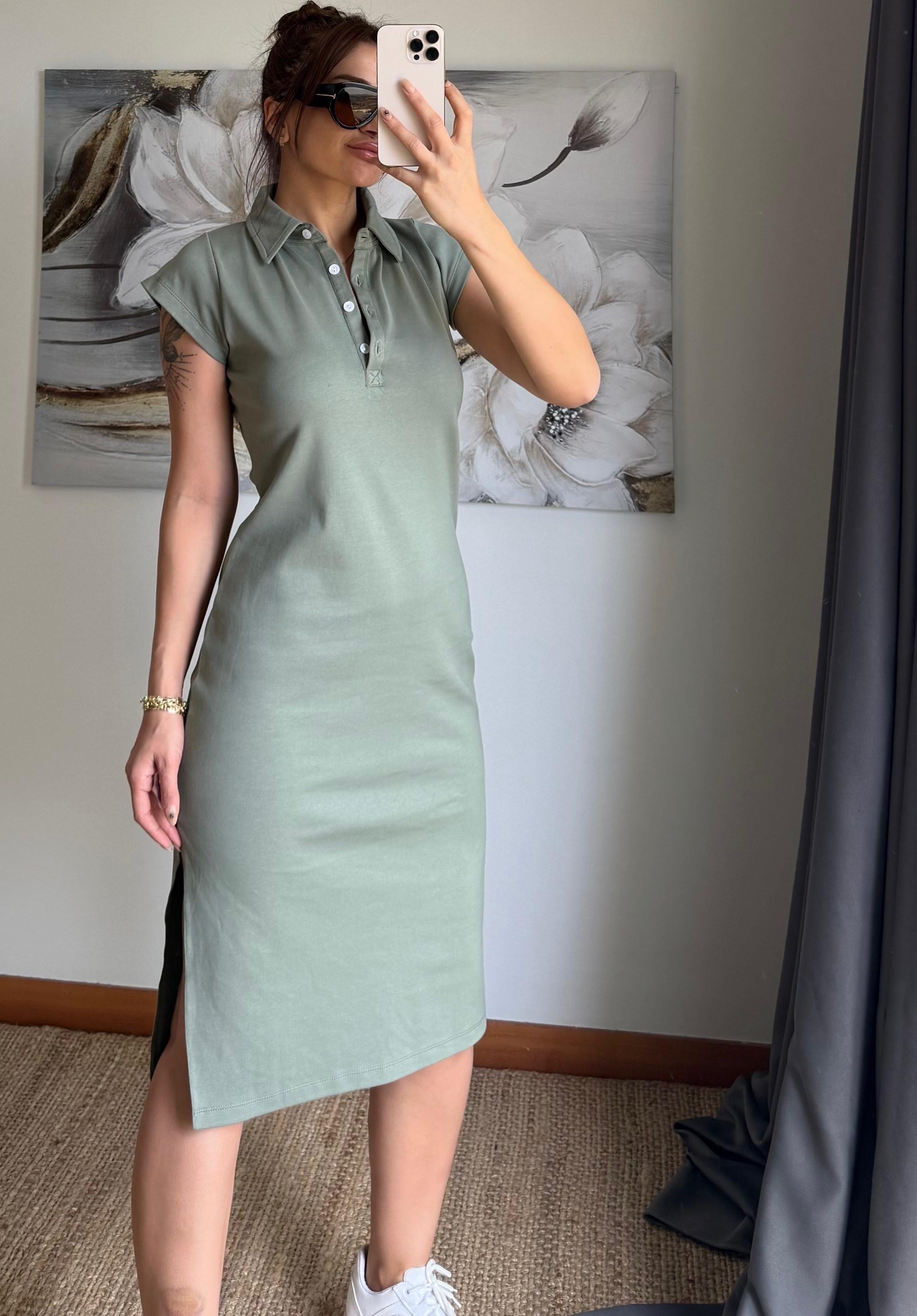 Polo Yaka  Esnek Yırtmaçlı Midi Elbise-Haki