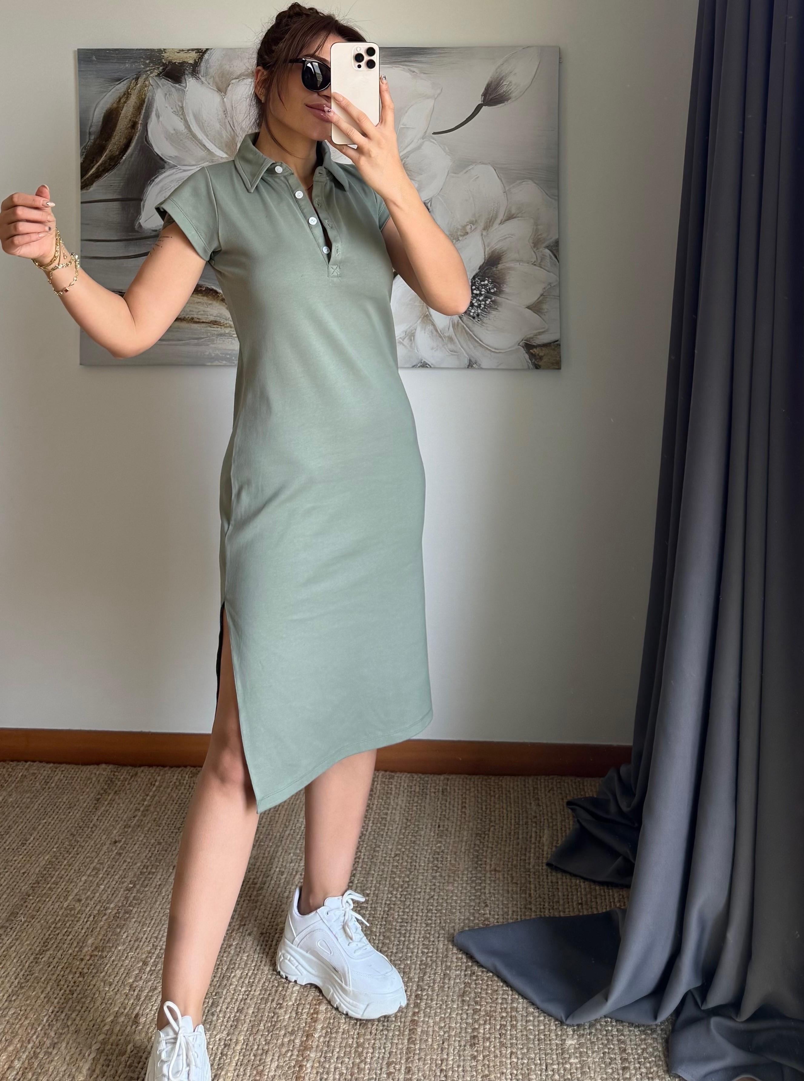 Polo Yaka  Esnek Yırtmaçlı Midi Elbise-Haki