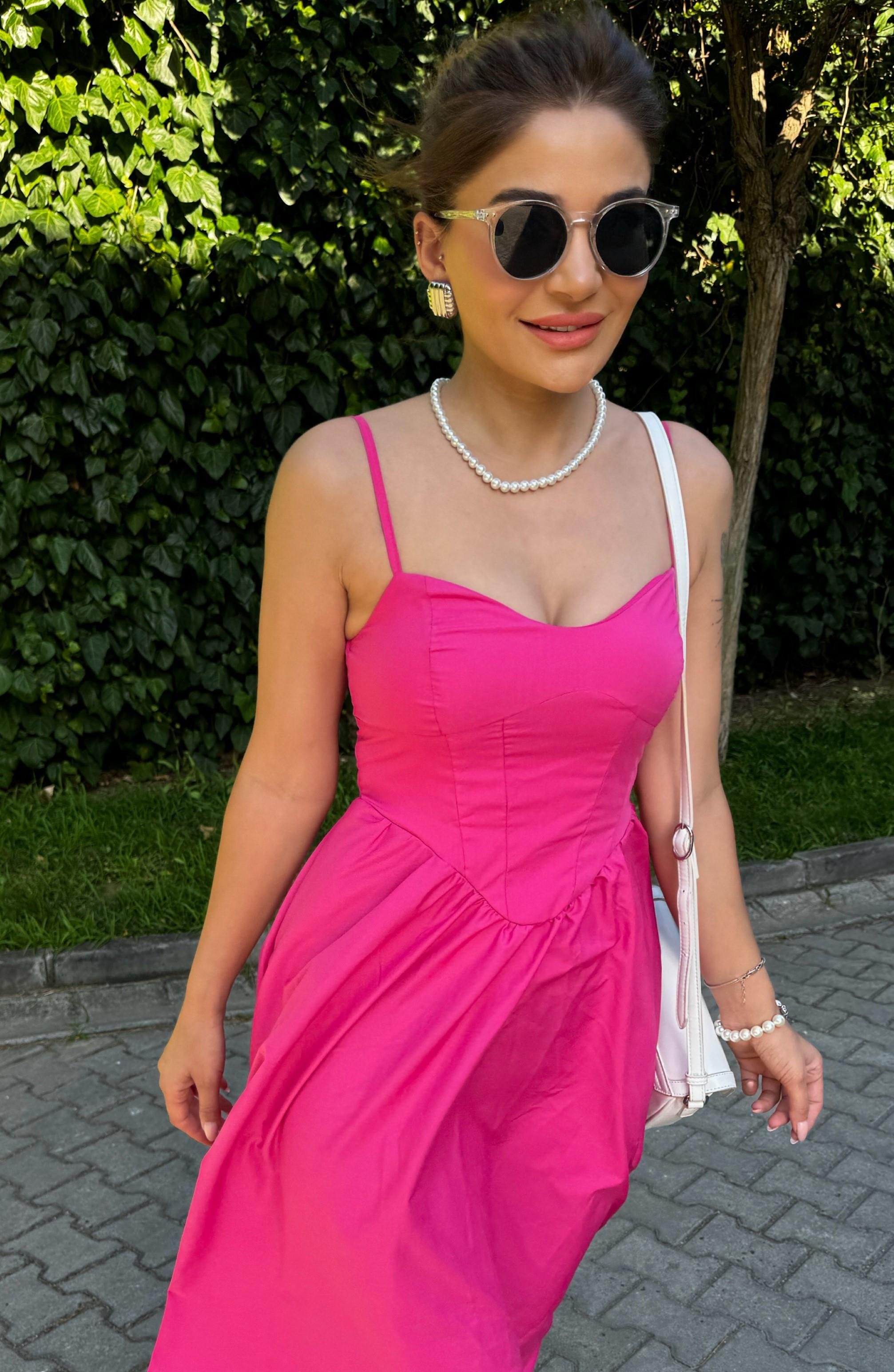 Poplin Kumaş Ayarlanabilir İp Askı Fuşya Elbise