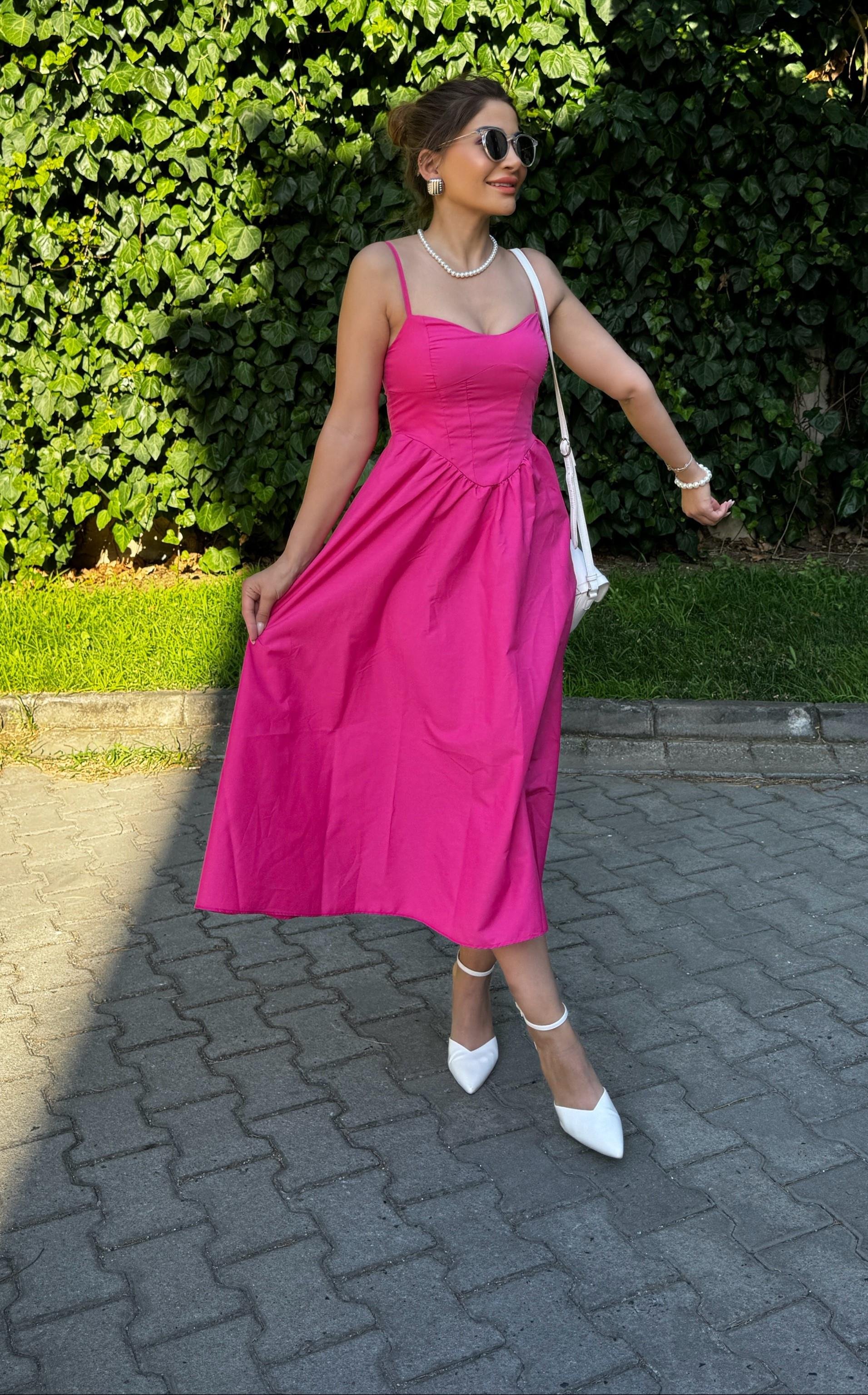 Poplin Kumaş Ayarlanabilir İp Askı Fuşya Elbise