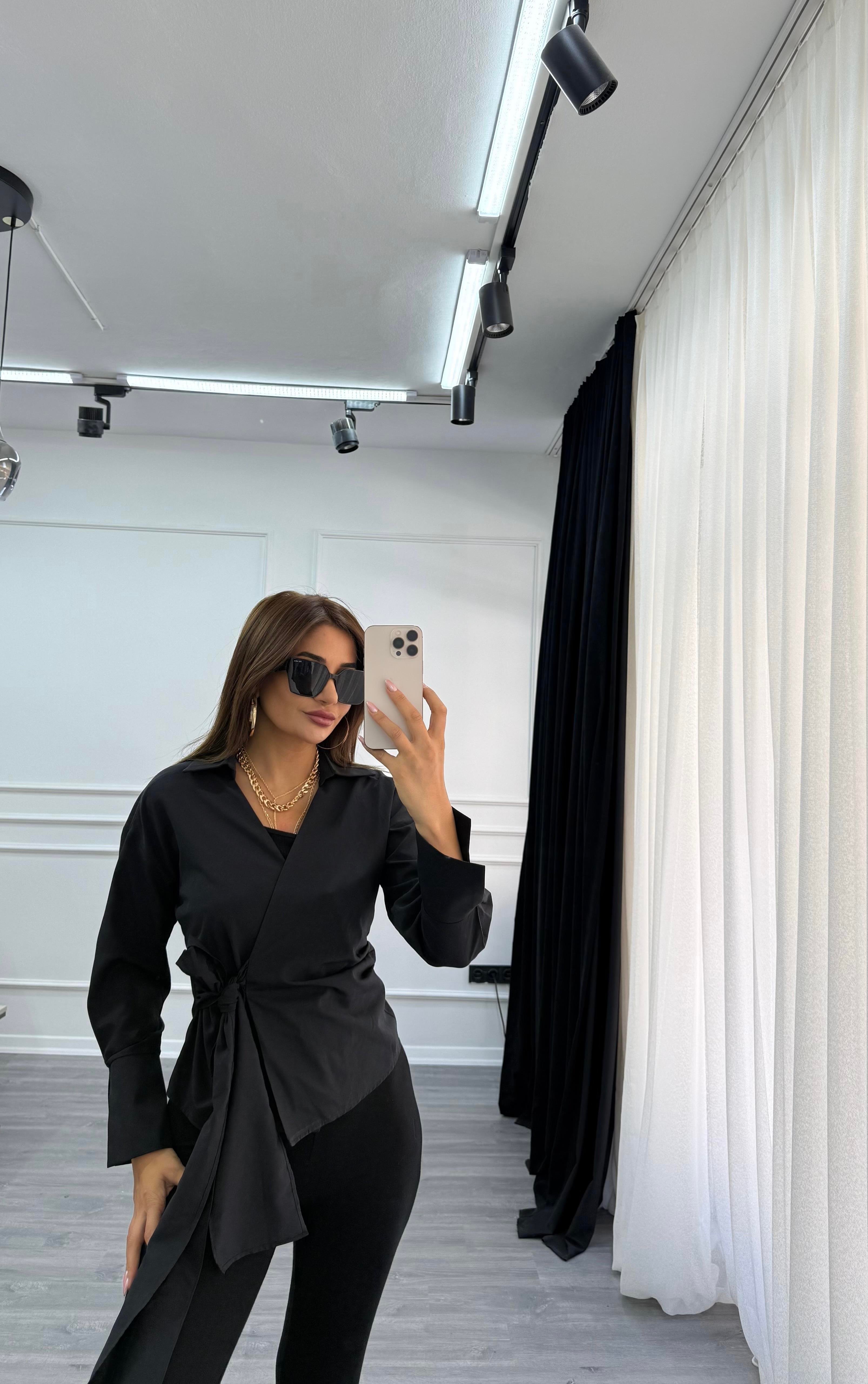 Poplin Yandan Bağlamalı Gömlek-siyah