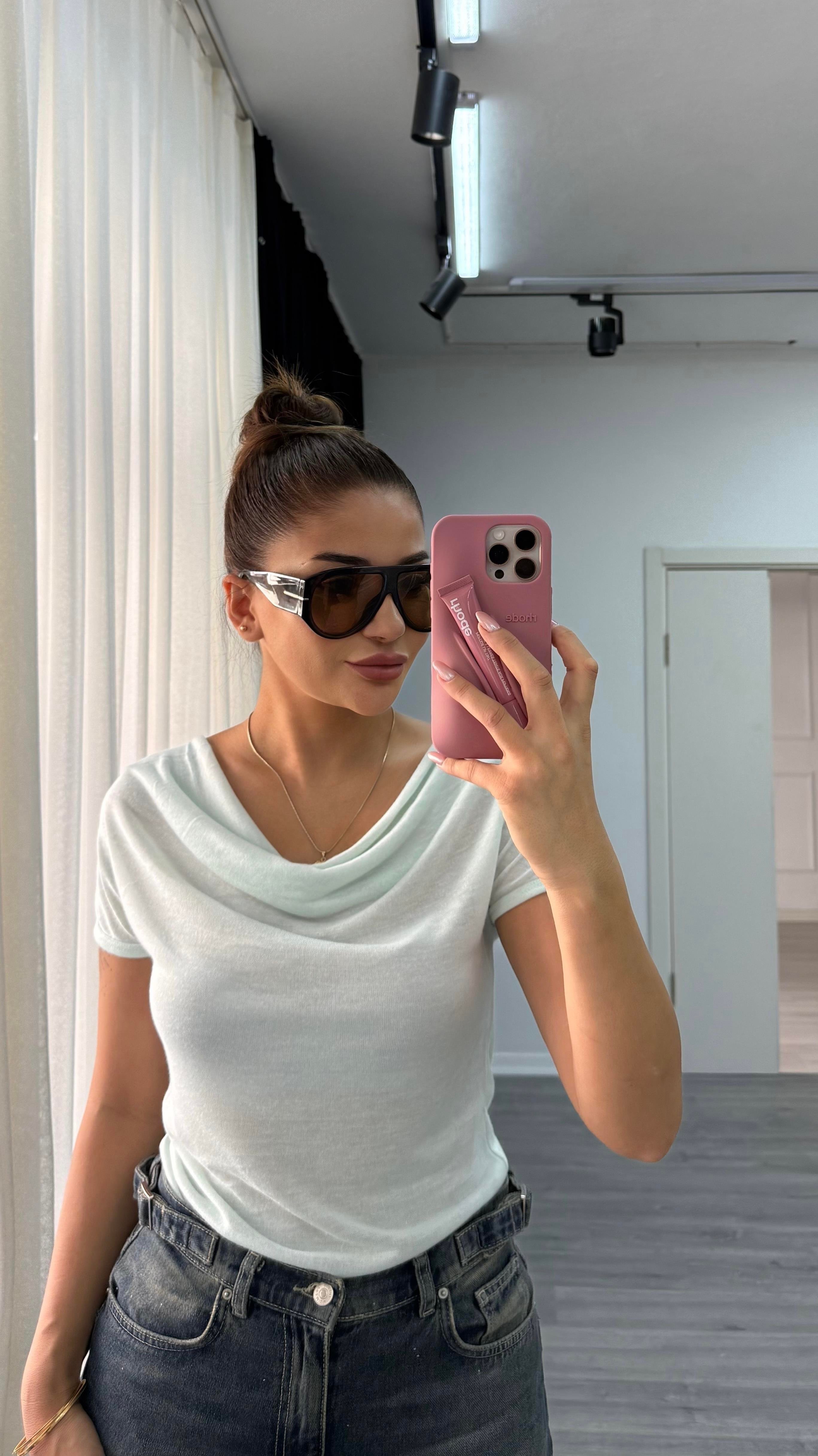 Premium Degaje Yaka Kısa Kol Bluz-yeşil
