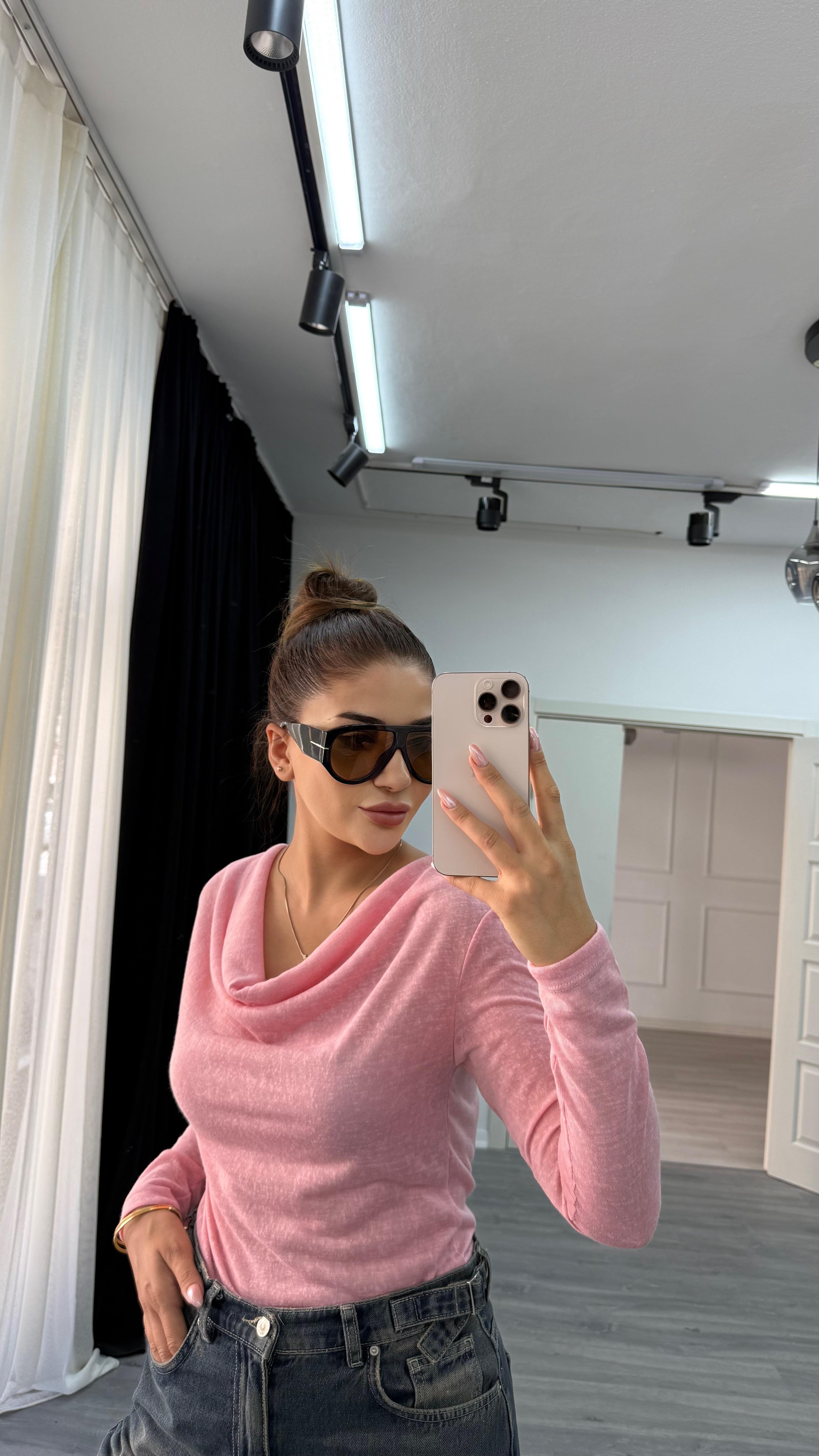 Premium Degaje Yaka Uzun Kol Bluz-Pembe