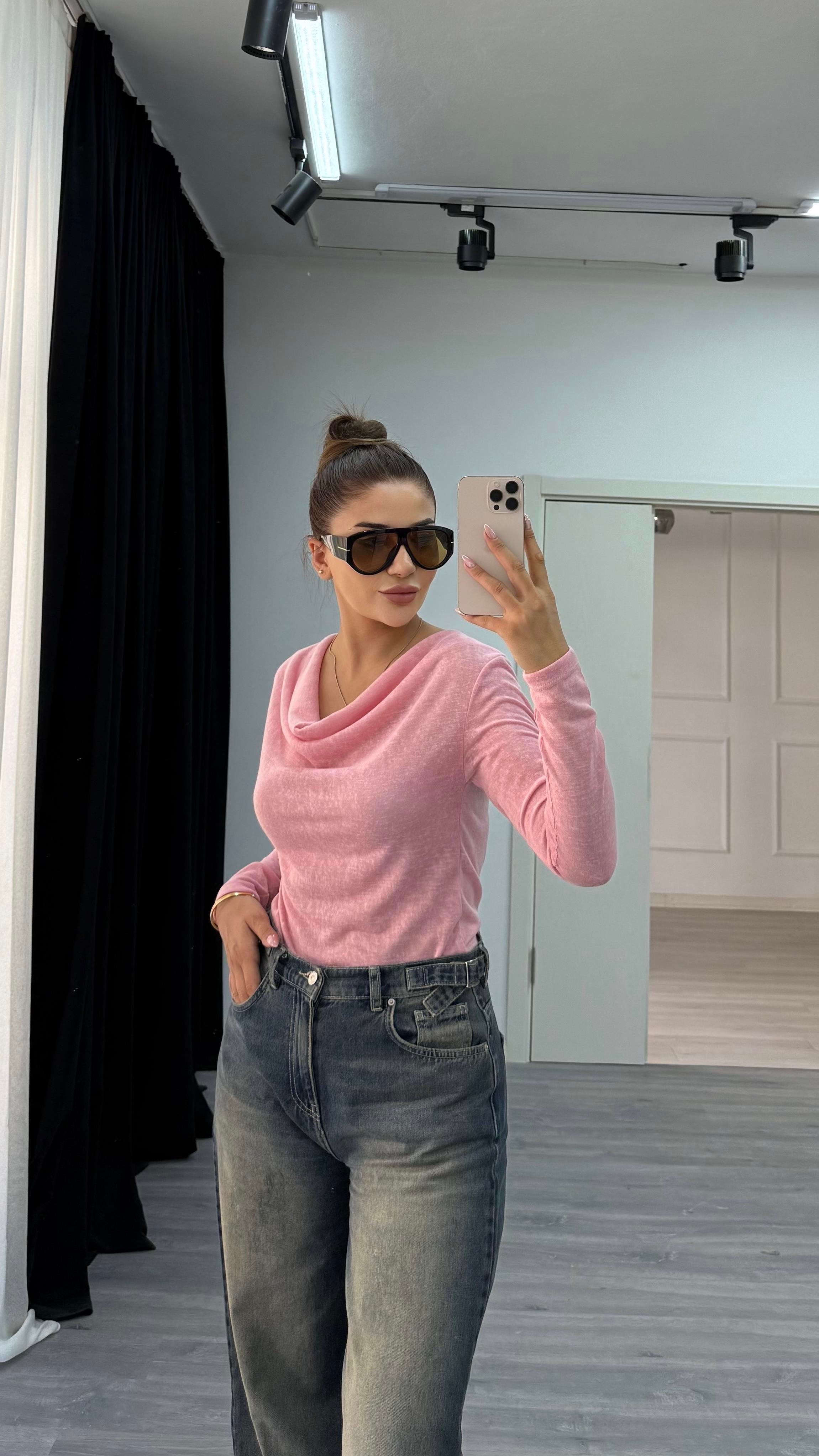 Premium Degaje Yaka Uzun Kol Bluz-Pembe