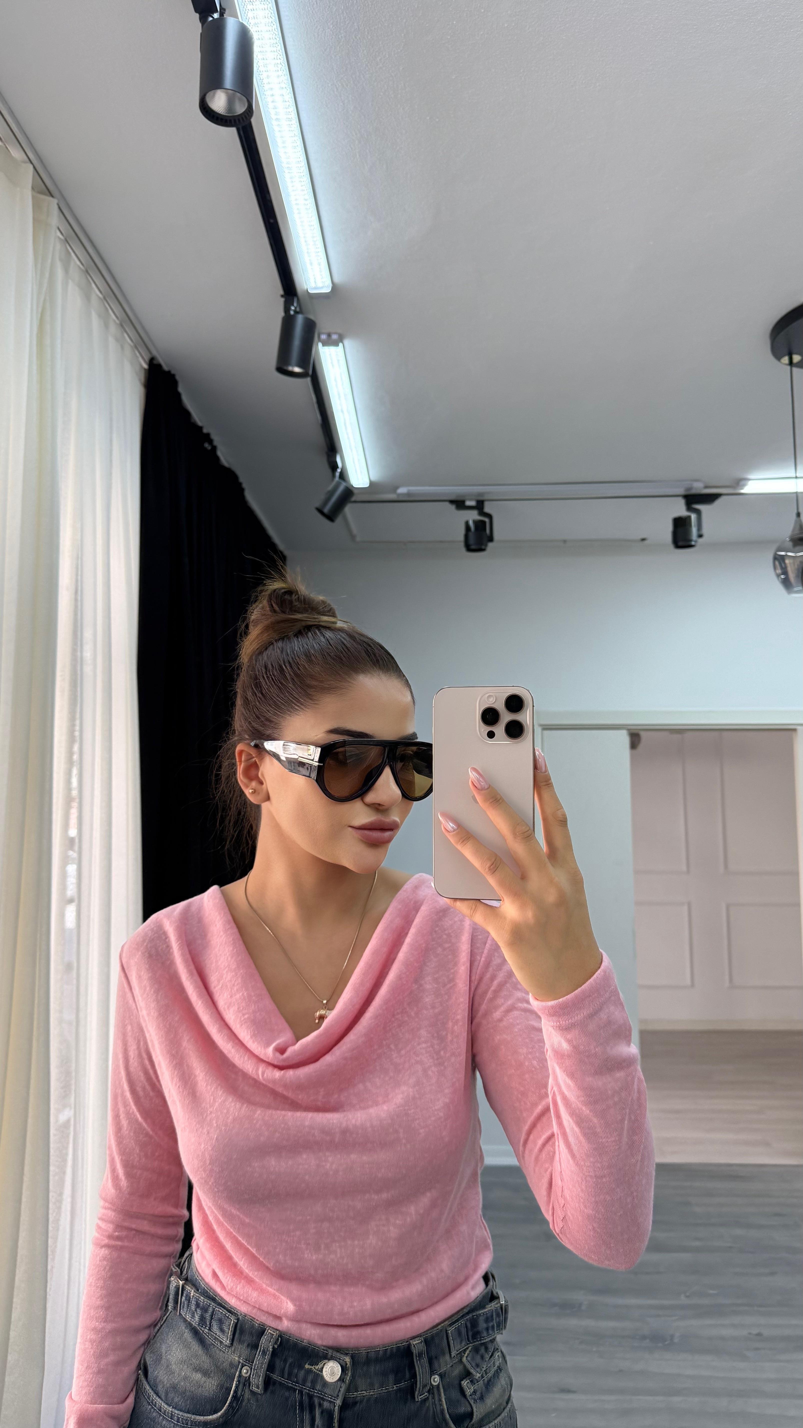 Premium Degaje Yaka Uzun Kol Bluz-Pembe