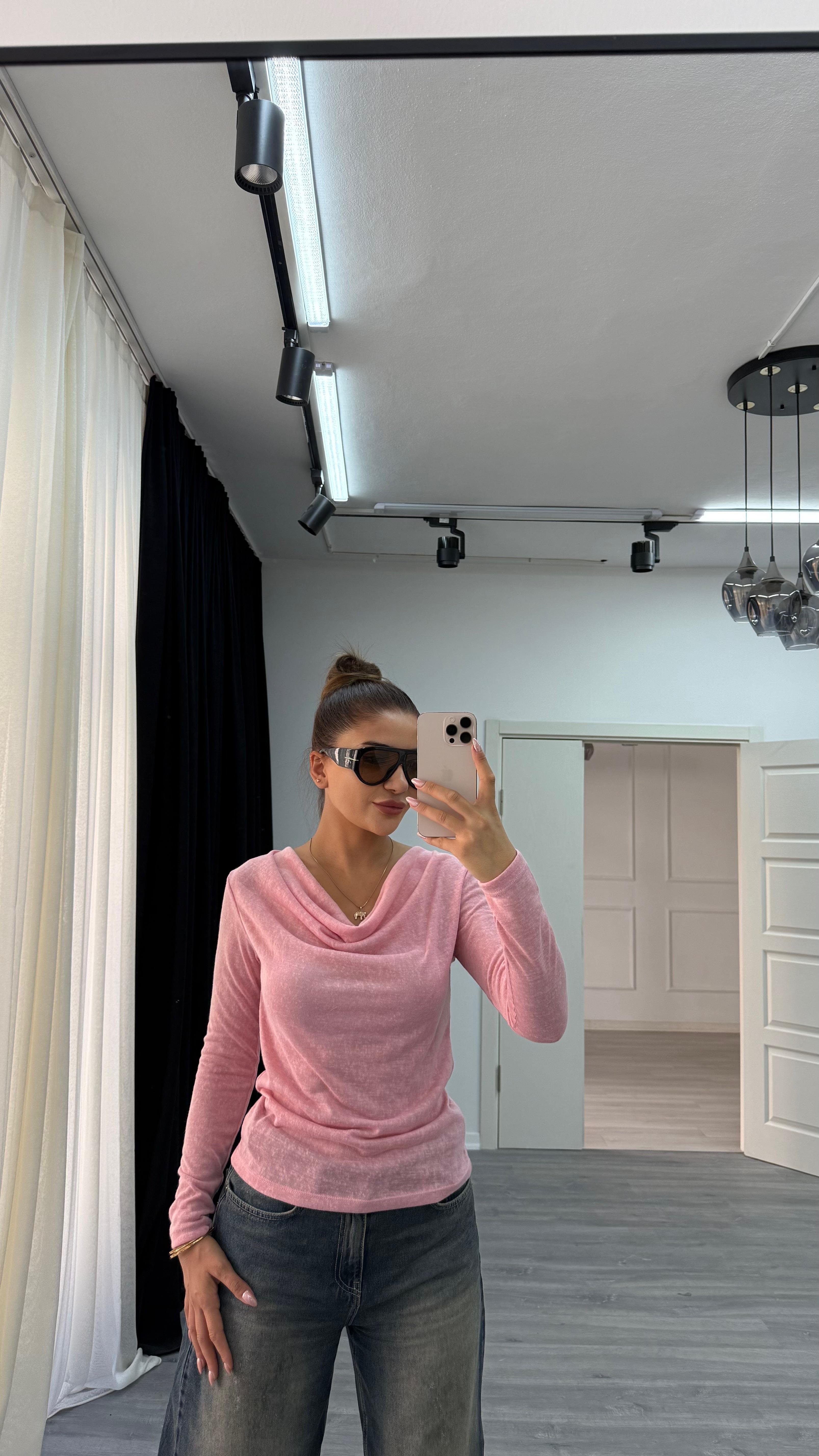 Premium Degaje Yaka Uzun Kol Bluz-Pembe