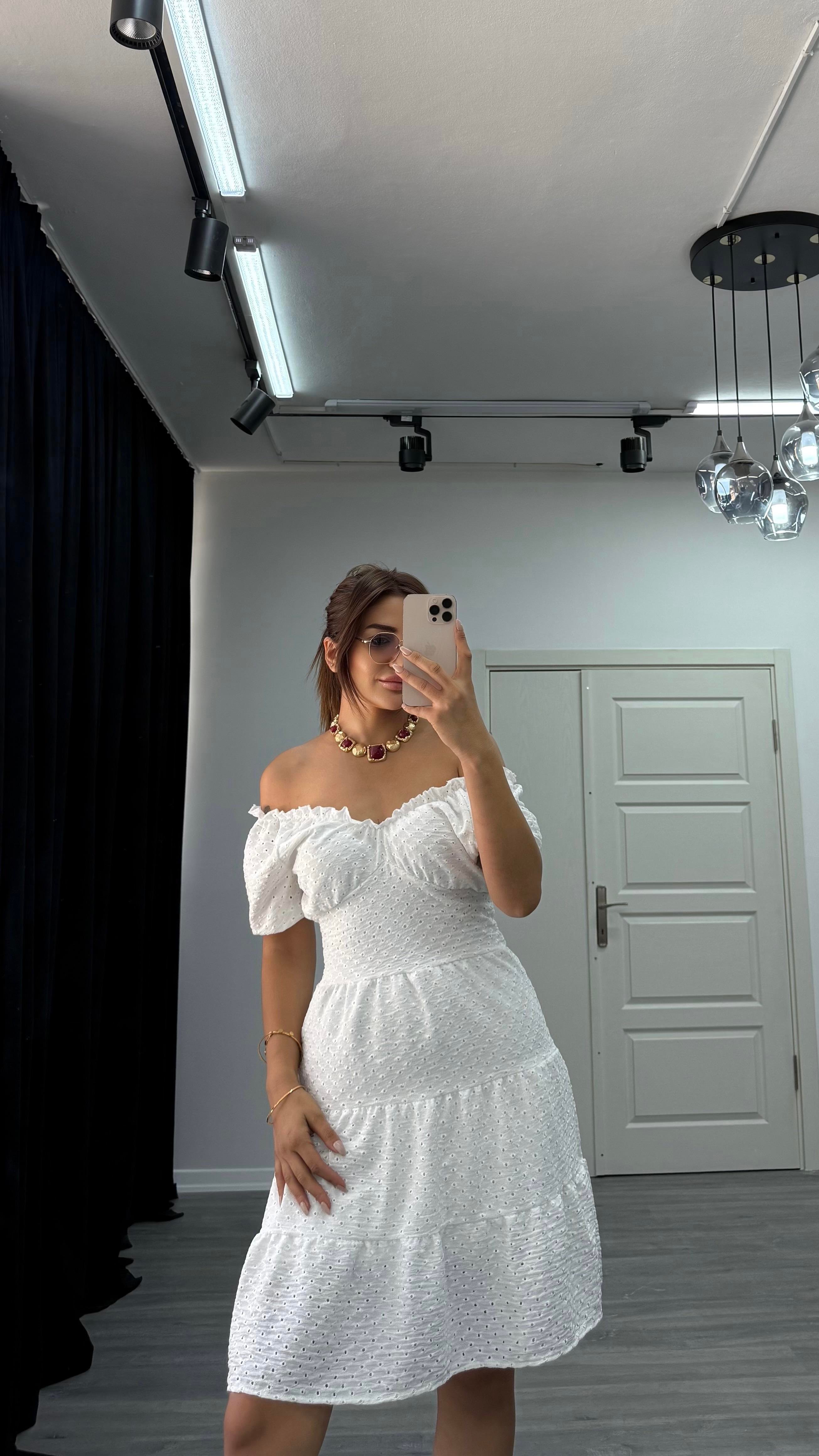 Premium kalite astarlı brode kumaş elbise beyaz