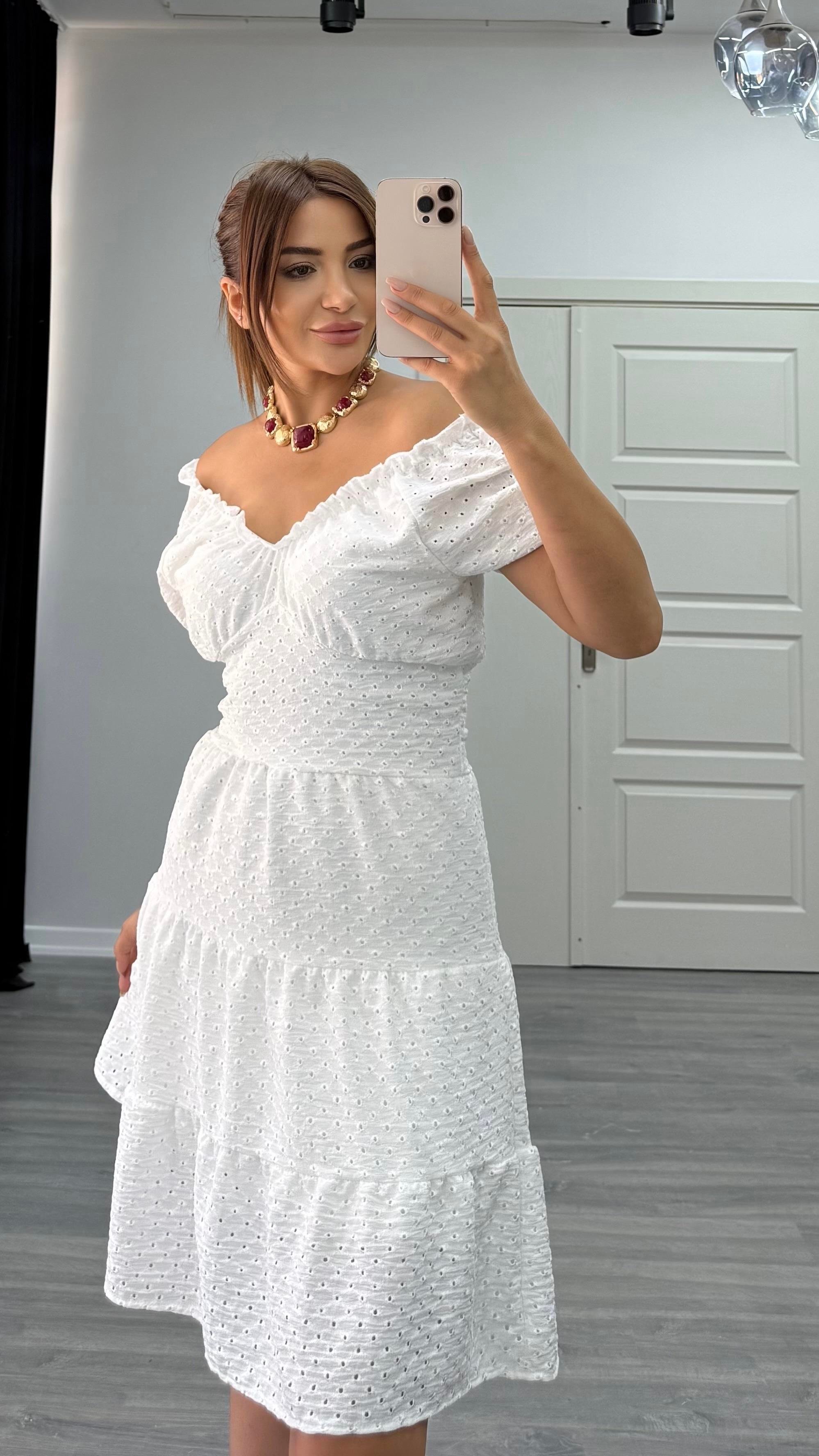 Premium kalite astarlı brode kumaş elbise beyaz
