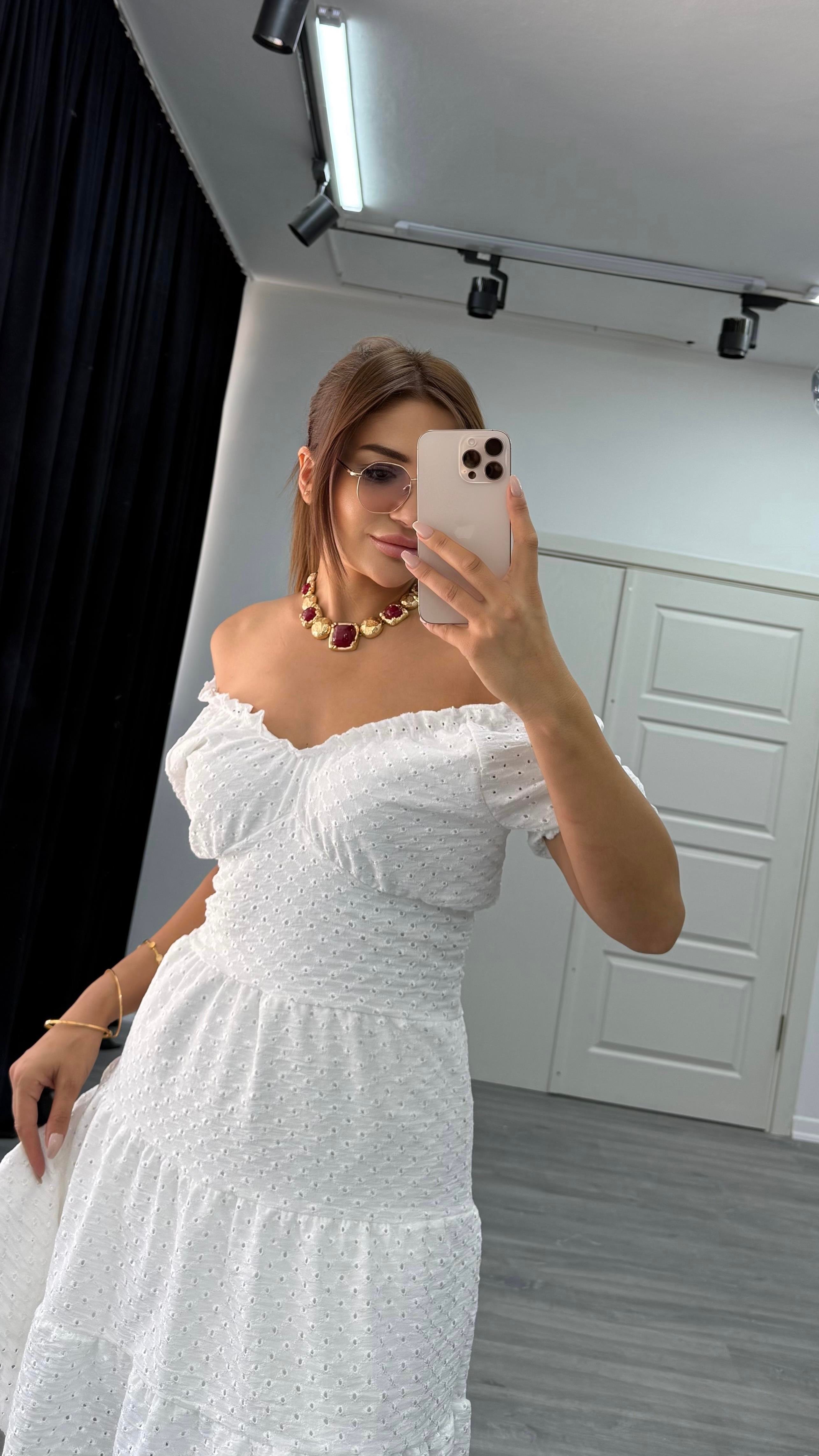 Premium kalite astarlı brode kumaş elbise beyaz