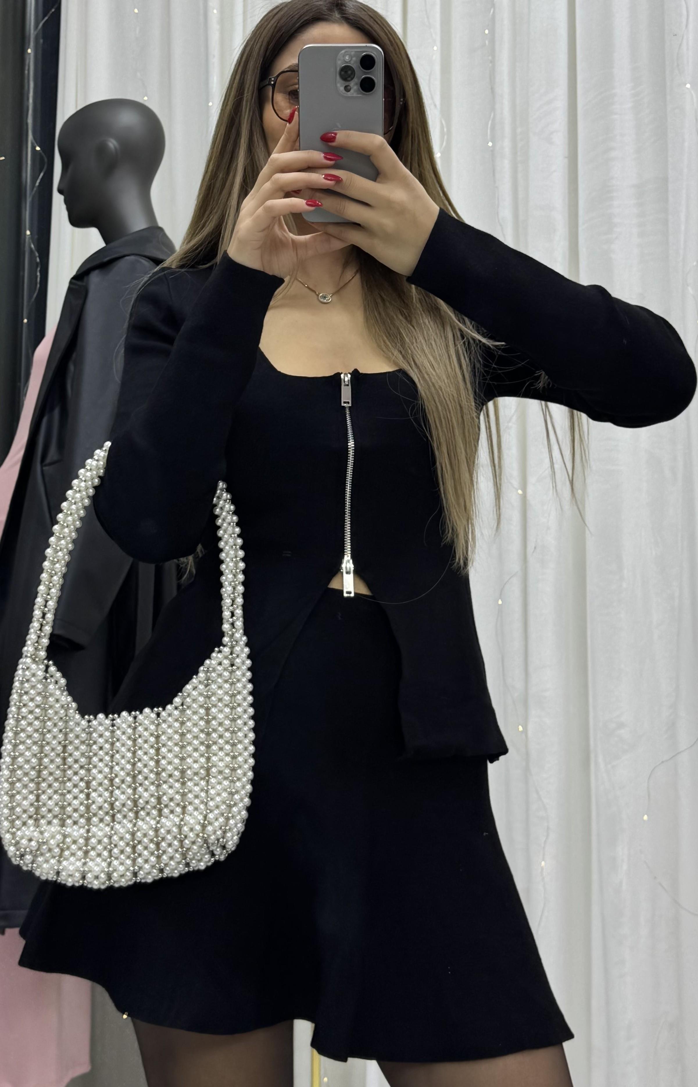 Premium Kalite Fermuarlı Yakasız-Triko- Hırka - Etek Takım