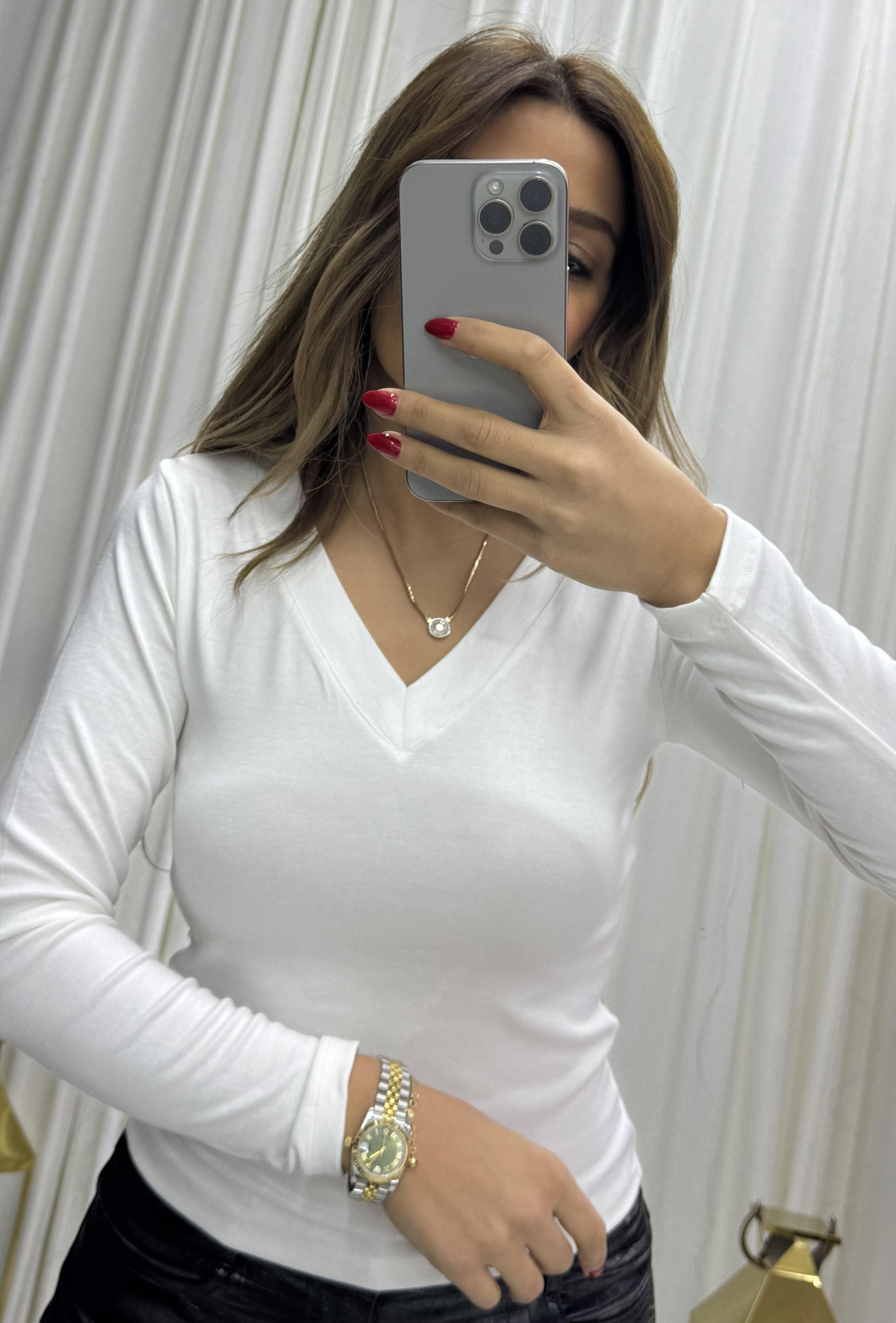 Premium Kalite  V Yaka Regular/Normal Kalıp Örme Bluz- Beyaz
